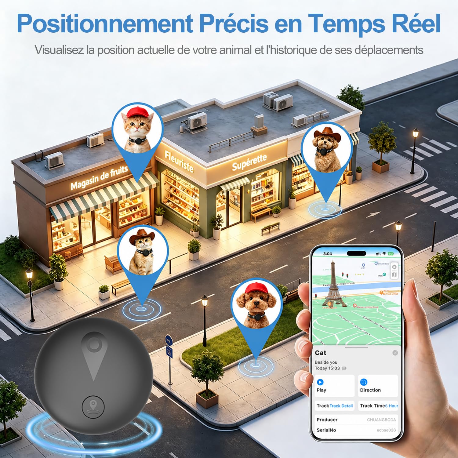 Collier GPS Chat 2-en-1,Collier GPS pour Chien Réfléchissant,Suivi en Temps Réel Et Fonctions Anti-Perte,sans Abonnement,iOS/Android,Collier Réglable avec Grelot,Adapté Aux Petits Chiens/Chats-Noir