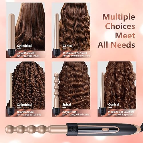 Miniatura 4 de Erokicysh Varita rizadora 5 en 1 juego de varita rizadora de pelo de cerámica intercambiable 5 varitas rizadoras de pelo largo de 035-125 pulgadas