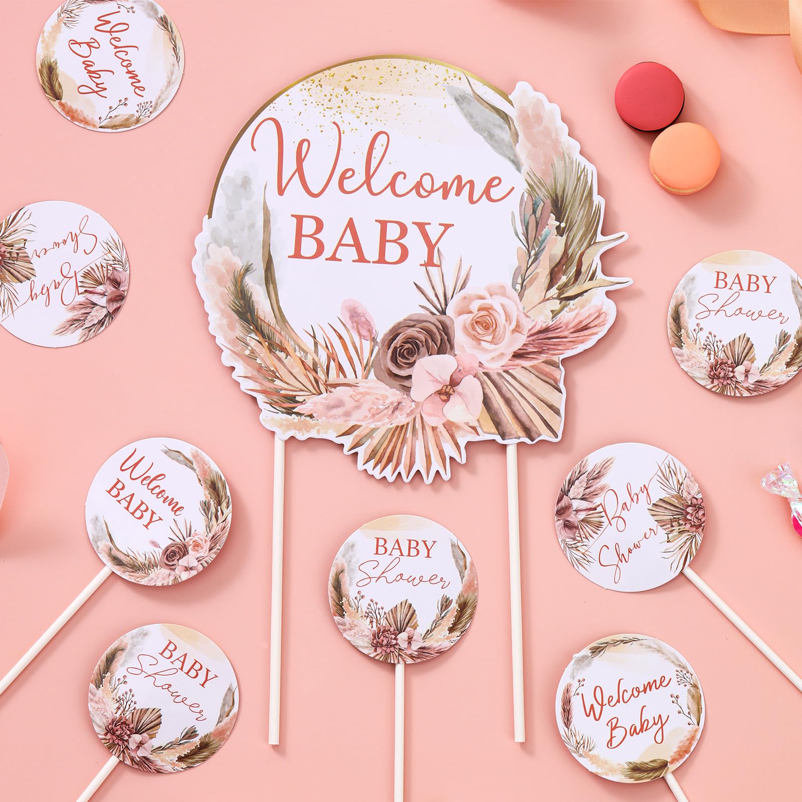 Cheereveal 25PCS Boho Baby Shower Cupcake Toppers, Boho Pampas Baby Shower Decorations for Girl, Pampas Grass Cupcake Toppers, Cake Decorations for Boy Girl Birthday Party Decoration