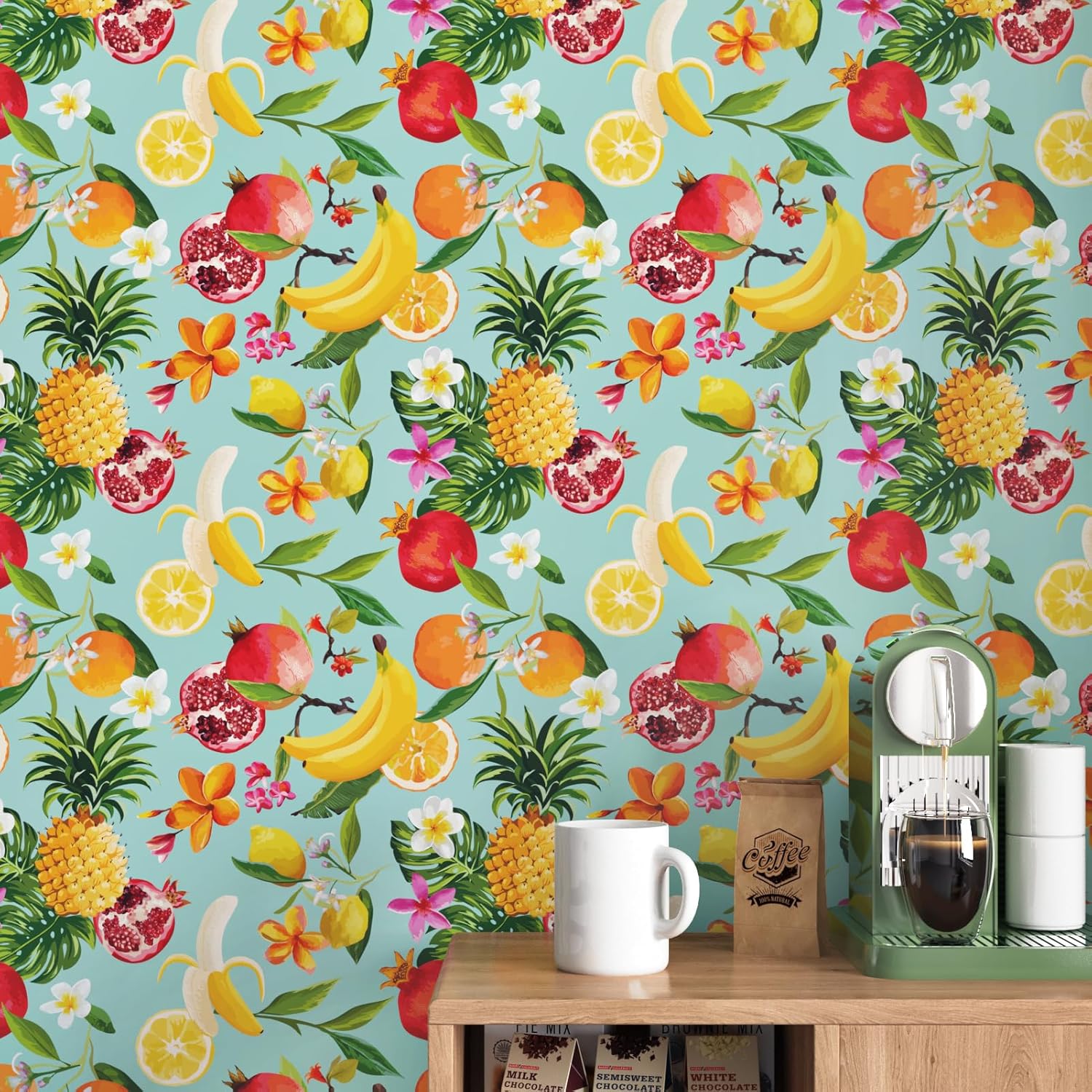 Tropical Fruits Floral Peel and Stick Wallpaper Green Removable Self Adhesive Wallpaper for Walls Bedroom Floral Vinyl Contact Paper Teal Blue Lemon Leaf Wall Cabinet Covering 17.5 x 118