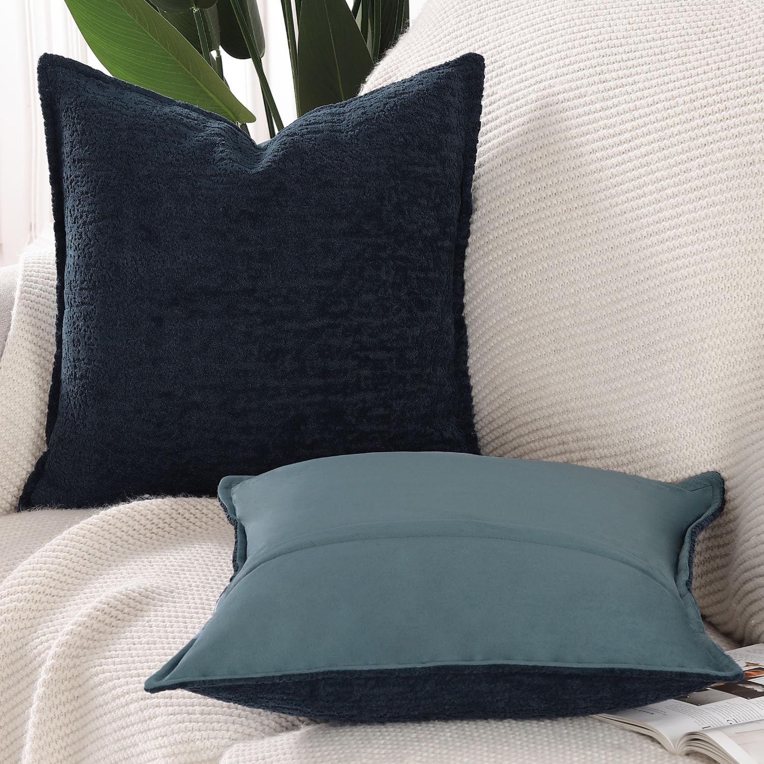 Madizz Pack of 2 Chenille Velvet Cushion Covers 40x40 cm Dark Blue Soft Neutral Decorative Throw Pillow Covers Accent Boho Pillowcases for Couch Sofa Modern Farmhouse Home Decor - Image 2