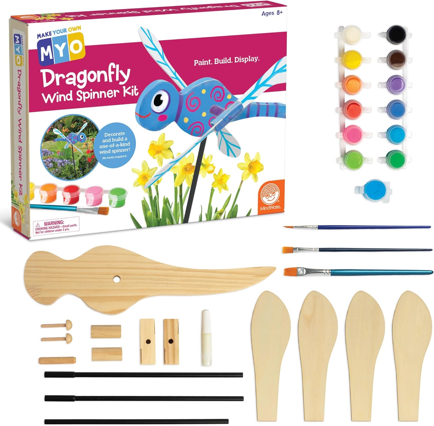 MindWare Make Your Own Dragonfly Wind Spinner Wood Craft Kit - Build & Decorate for Ages 8 & Up