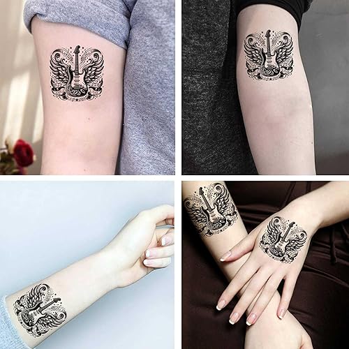 Miniatura 3 de 6 hojas de tatuajes falsos temporales para hombres y adultos, guitarra eléctrica, rosas, alas de ángel, notas musicales, rollo de rock, tatuaje