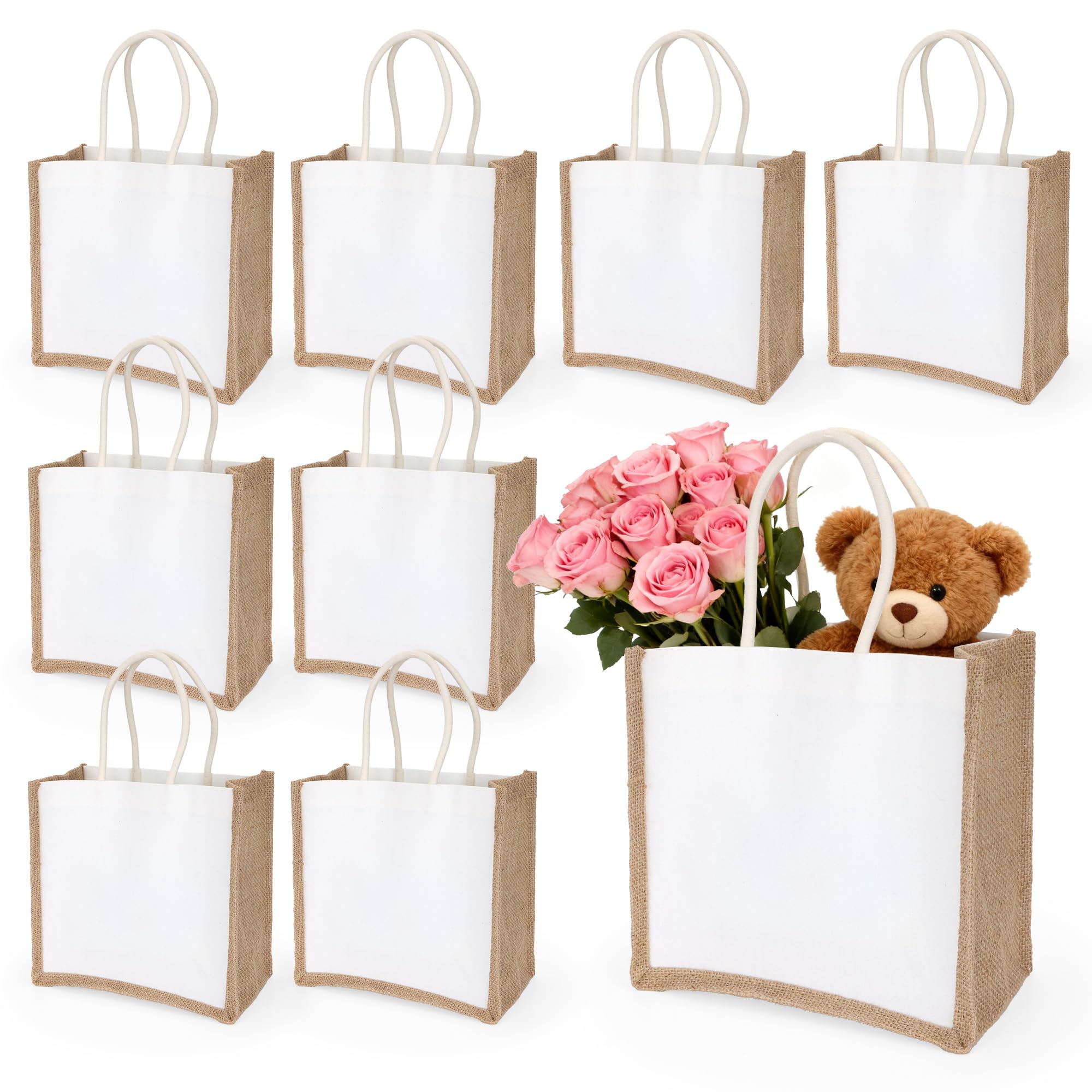 Axincardarm 8 Pack Jute Bags Burlap Tote Bag with Handles 25 x 25 x 12cm