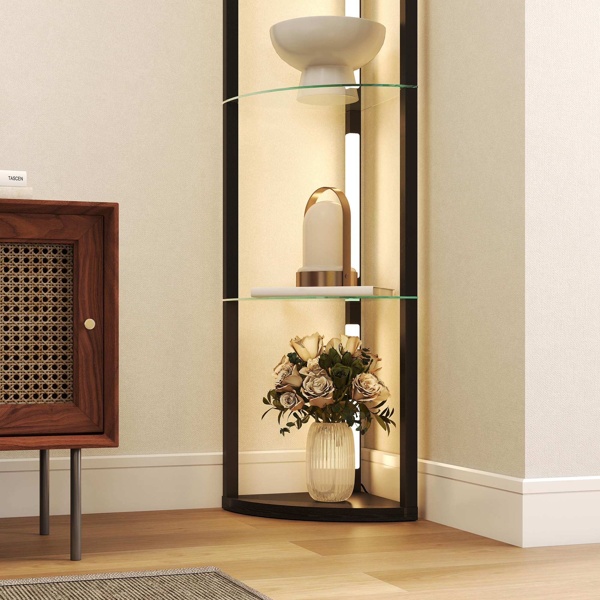 HOMCOM Lampada da Terra con Ripiani in Vetro e Luce LED Nero | Lampada da Pavimento, 3 Livelli di Luminosità, Interruttore a Pedale, per Salotto e Soggiorno