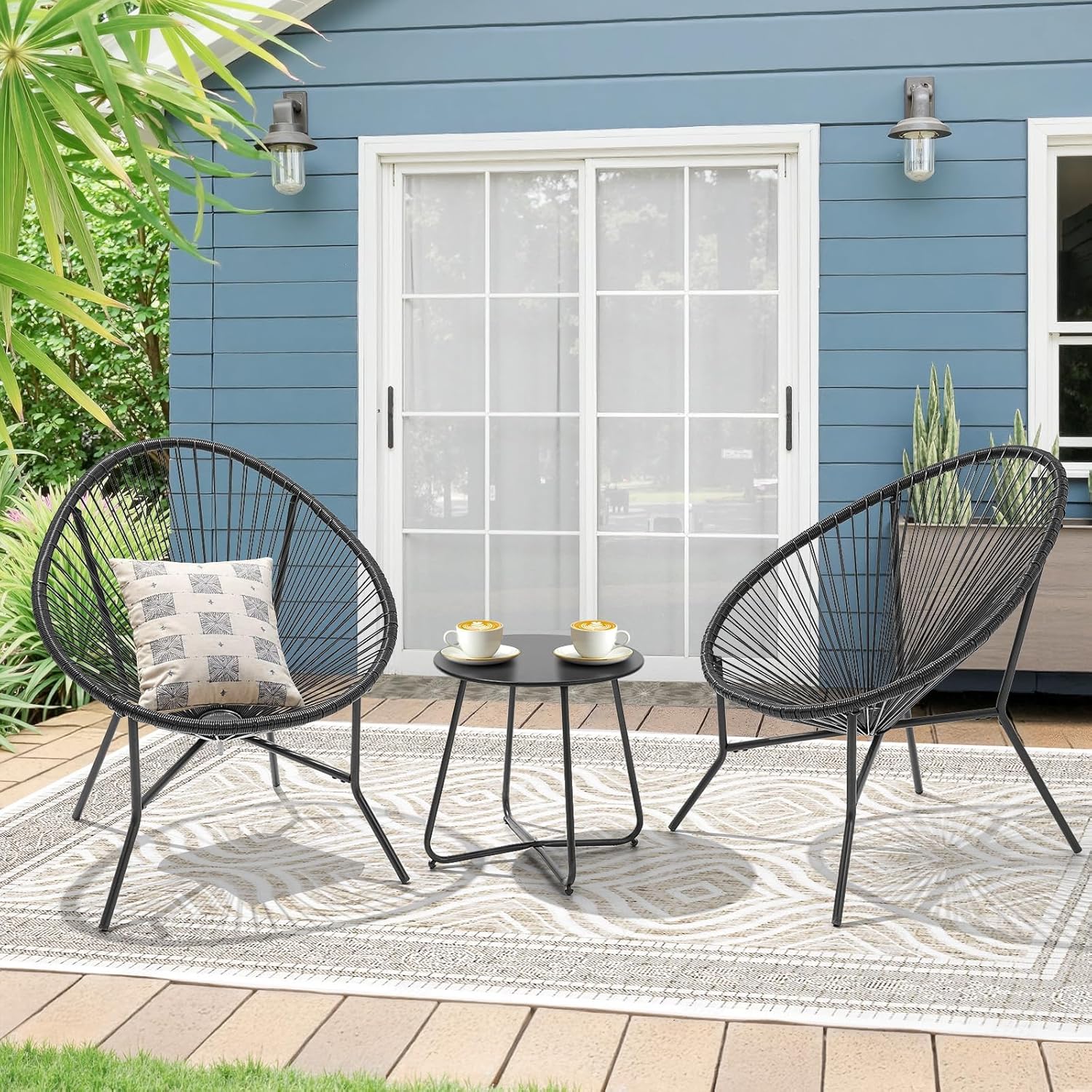 ONBRILL 3 Piece Patio Bistro Set, Outdoor Acapulco Chairs with a Coffee Table, All-Weather PE Rattan Patio Furniture Set for Balcony, Garden, Proch, Black