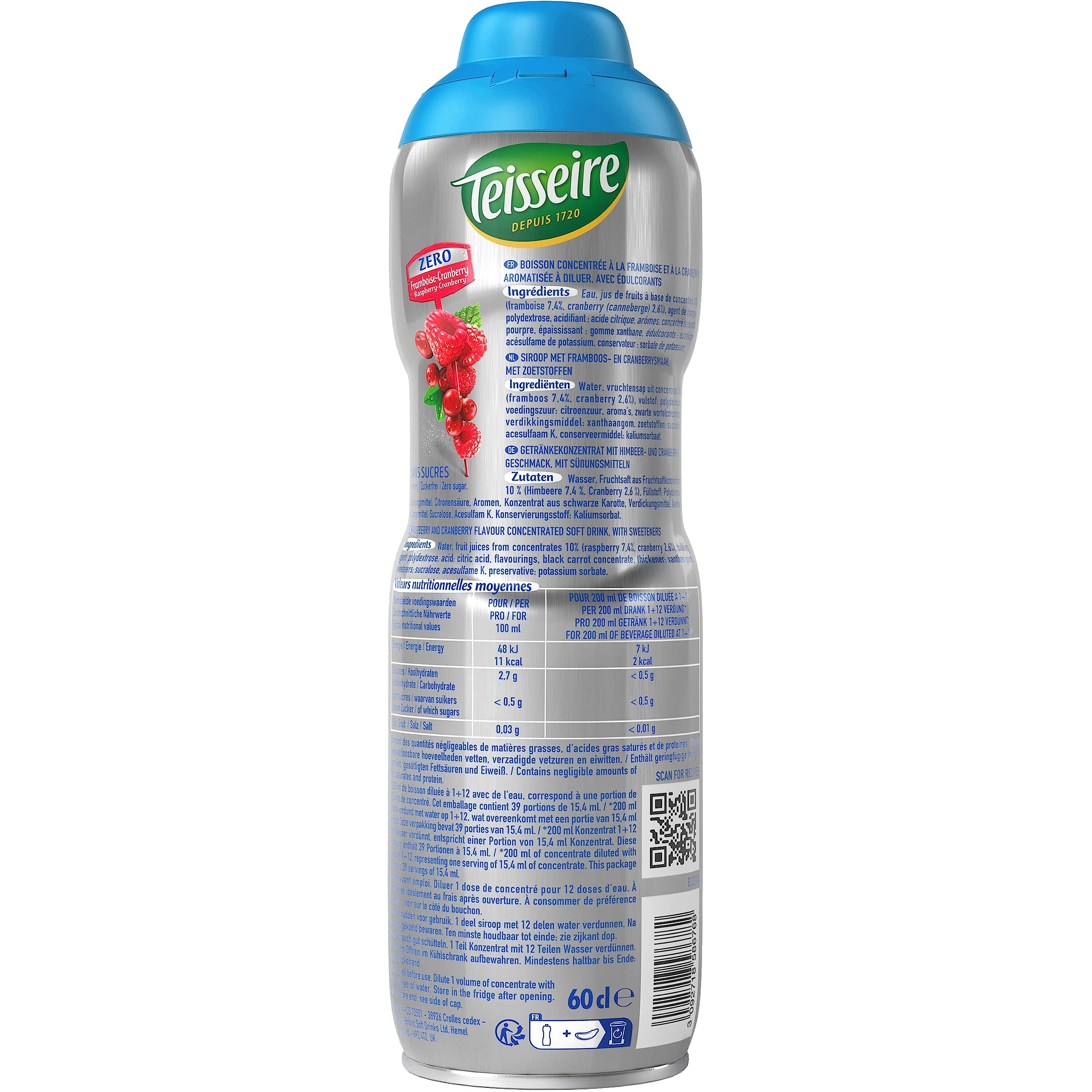 Teisseire Zéro Sucre, Sirop de Framboise Cranberry pour Boisson Rafraîchissante, Cocktails, Bidon 6x60cl