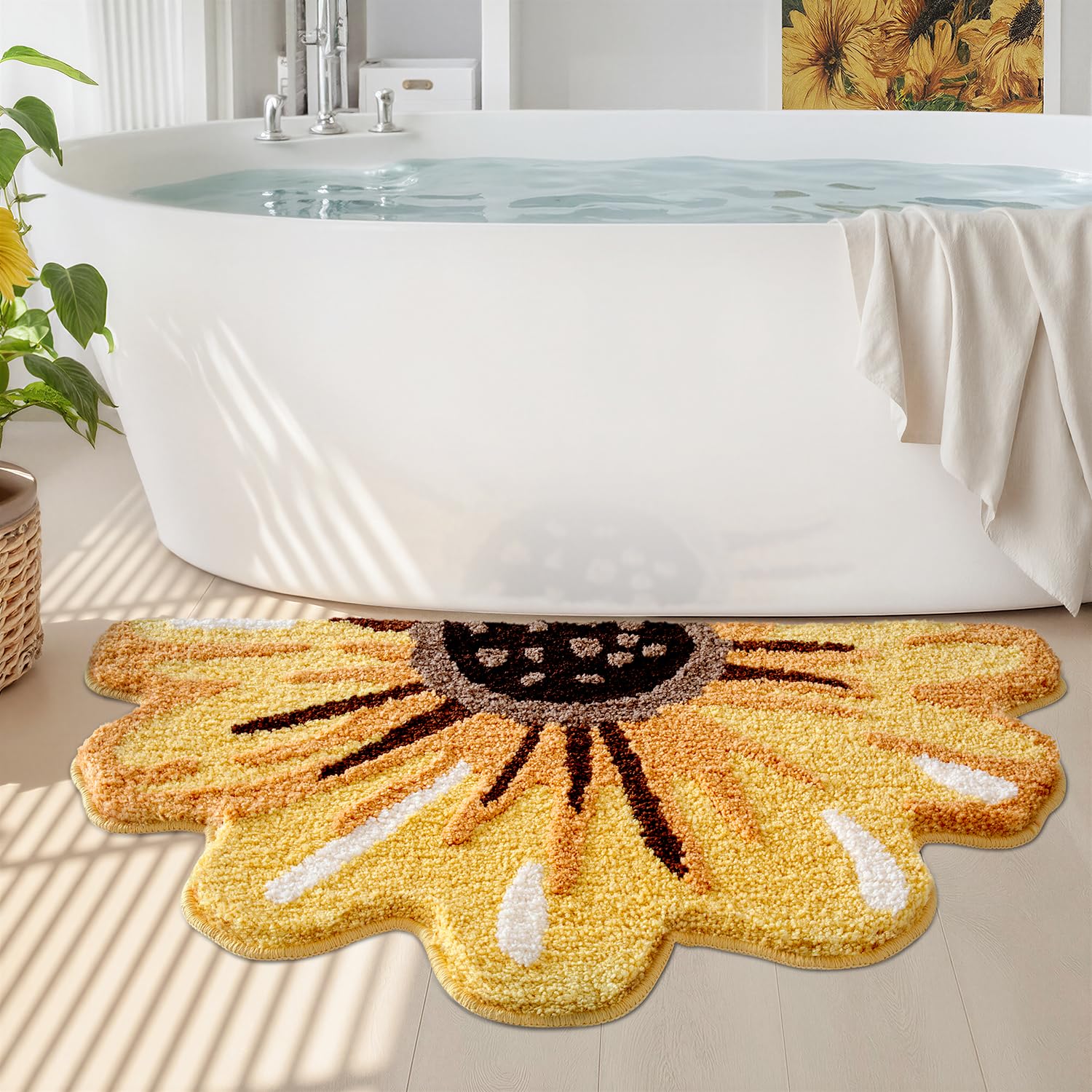 LUMI Floral Bath Mat, Sunflower Bathroom Rug, Soft Plush Fluffy Yellow Bath Mat, Absorbent, Non-Slip for Bathroom, Kitchen Sink, Bedroom, Kid's