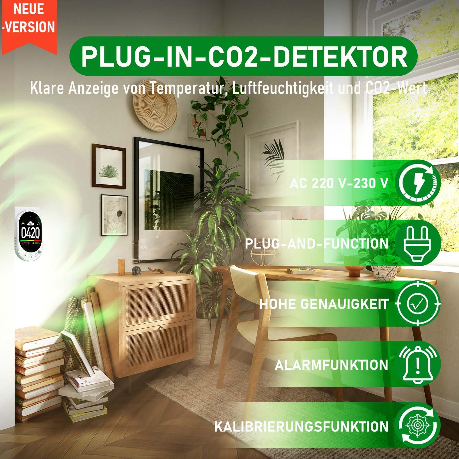 LSENLTY CO2-Messgerät 3-in-1 Temperatur Luftfeuchtigkeit CO2-Wert Alarmfunktion manuelle Kalibrierung
