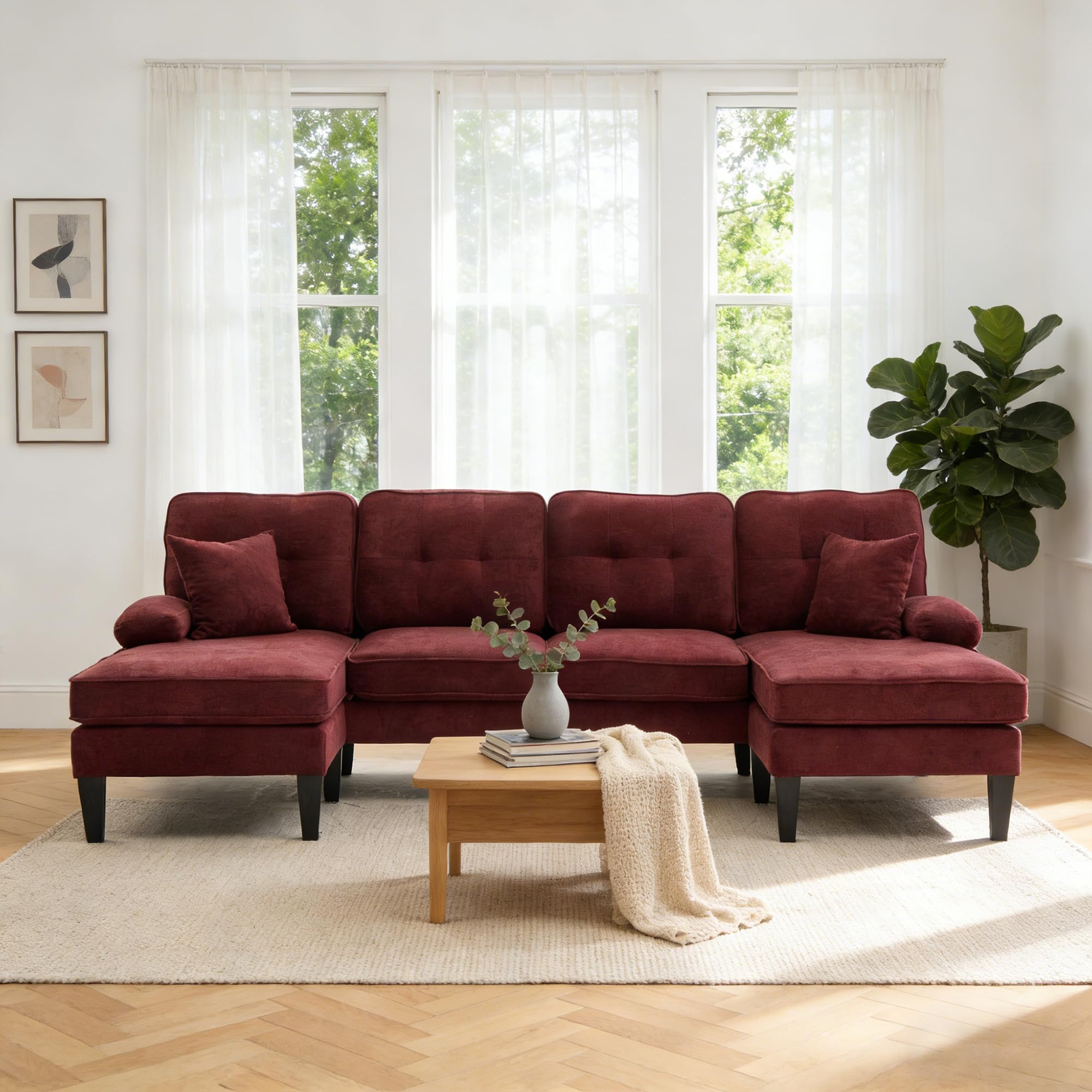 100'' u-shaped sectional sofa with double chaise, minimalist 4-seater couch with 2 pillows, sofa set with arm & 2 side pocket for living room, apartment (wine red)