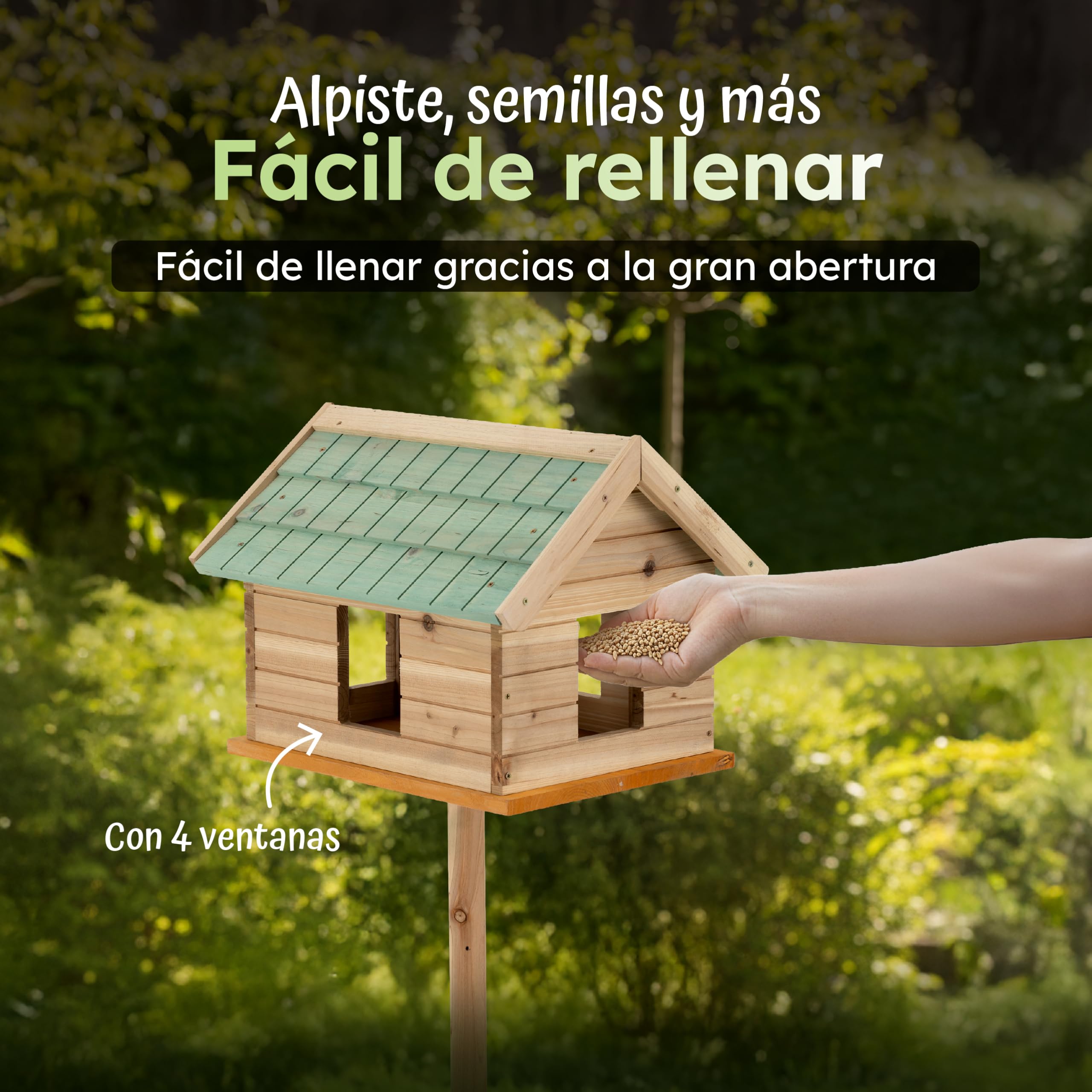 Moorland Casa para Pájaros con Ventanas y Soporte Comedero Cerrado Madera | 135cm Verde Techo con Tejas Resistente al Clima Para Todo el Año Abeto FSC jardin aves VH2