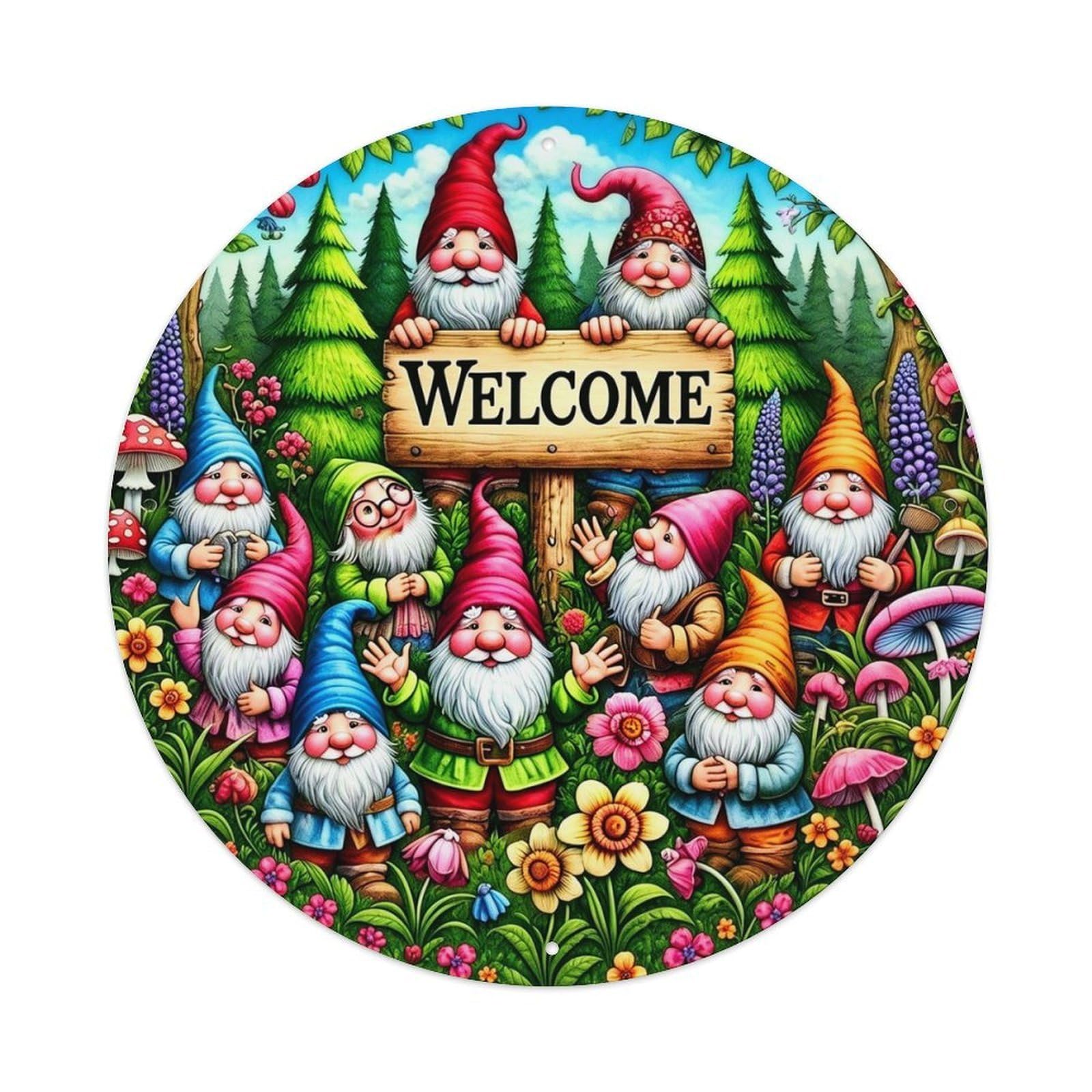 Gnomes Welcome Sign Forest Flowers Retro Metal Sign Round Tin Sign, Vintage Decor Art Poster for Bar, Home, Man Cave, Kitchen, Laundry Room Gift 8x8Inch