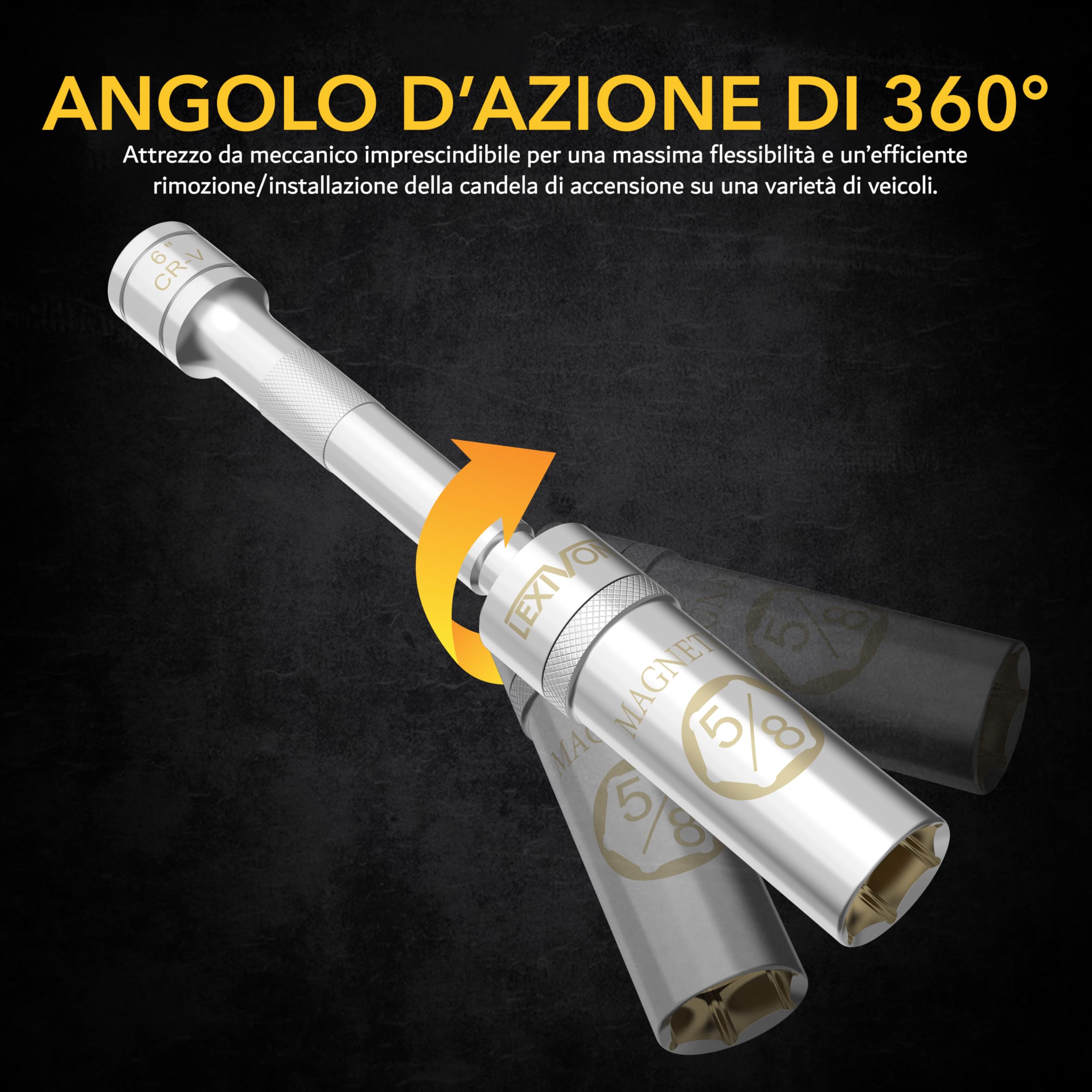 LEXIVON Chiave A Bussola Magnetica Con Snodo Per Candele Da ⅝”, Attacco Da ⅜”, Lunghezza Totale Di 6” Chiave A Bussola Dalla Grande Forza Magnetica E Pareti Sottili, Acciaio Cromo Vanadio Cr-V(LX-121)