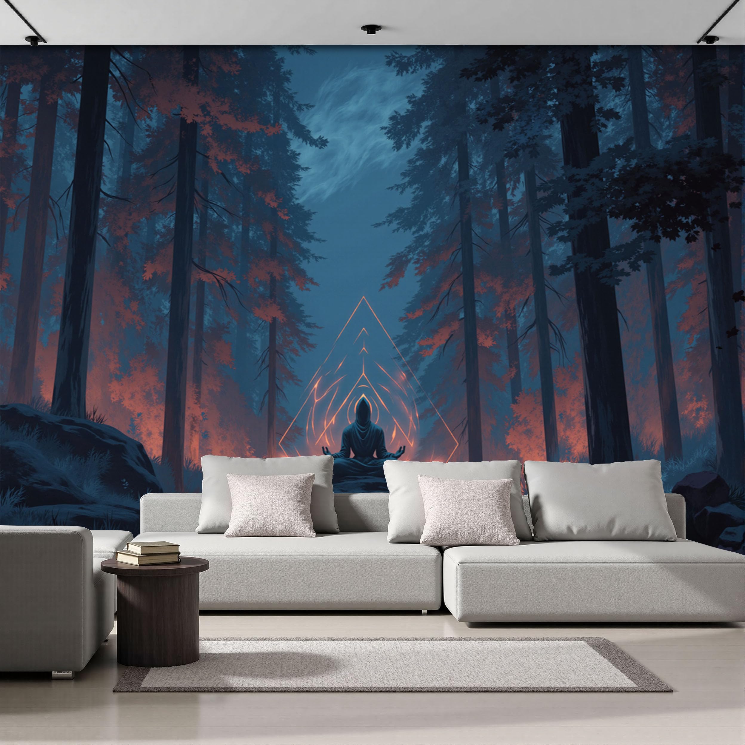 Carta da parati fotografica Meditazione Notturna Tra Le Rocce 350× 256 cm Fotomurali moderna,Decorazione per Misteriosa Foresta Per La Meditazione,Design Carta in tessuto di seta,blu-arancione