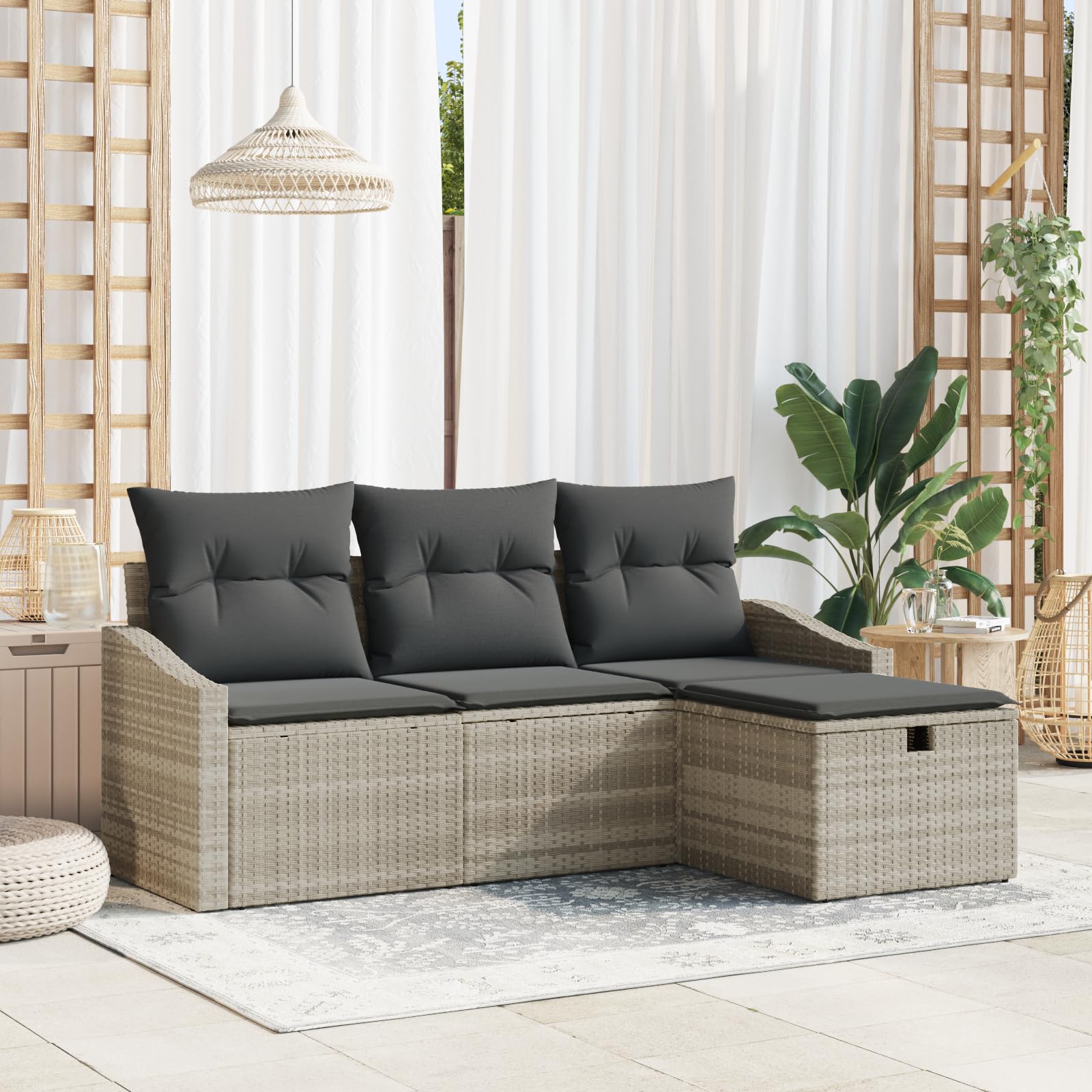 Canapés de jardin polyrotin gris clair 4 pièces | Salon extérieur avec coussins