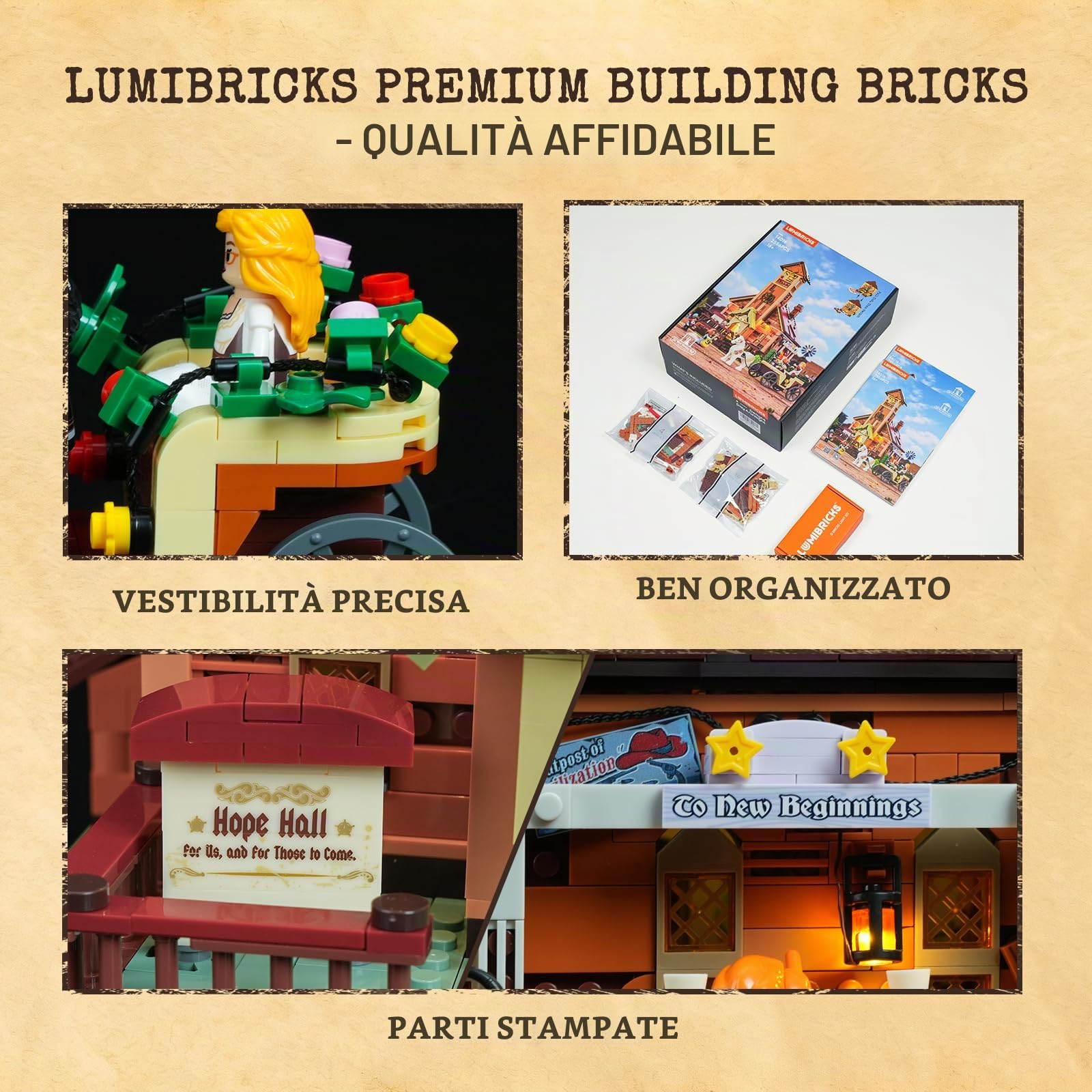 Lumibricks Western Meeting Hall - Set di mattoncini illuminati, 1800 pezzi, Wildwest, casa comune con luce LED, edificio modulare con interno estraibile, regalo per adulti