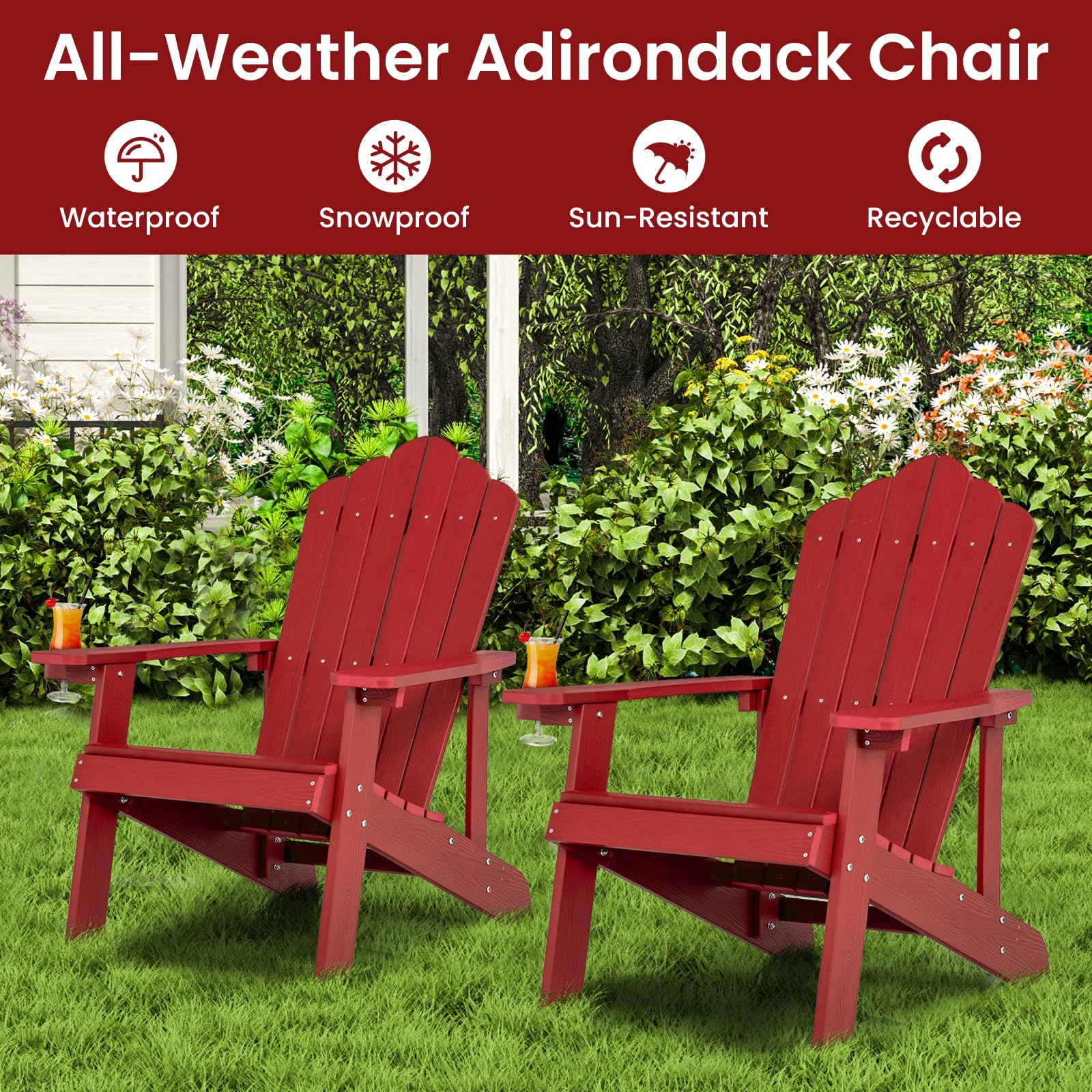 KOMFOTTEU Adirondack Stuhl mit Getränkehalter, Gartenstuhl mit Rücklehne & Armlehnen, Gartensessel wetterfest & ergonomisch, Relaxstuhl bis 170 kg für Balkon, Garten, Strand (Rot)