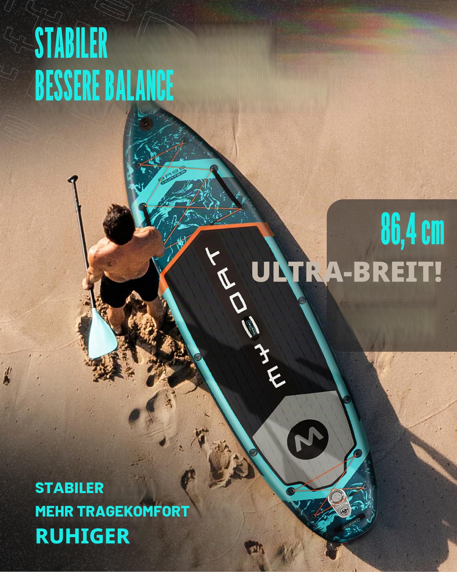 MYBOAT 30,5 x 86,4 x 15,2 cm, extra breit, aufblasbares Paddelbrett, Stand-Up-Paddelbrett zum Angeln, Sup-Board mit 3 abnehmbaren Flossen, Dual-Bungees, Kamerahalterung, Handpumpe, starkes Paddel, 5 l Trockentasche, Leine