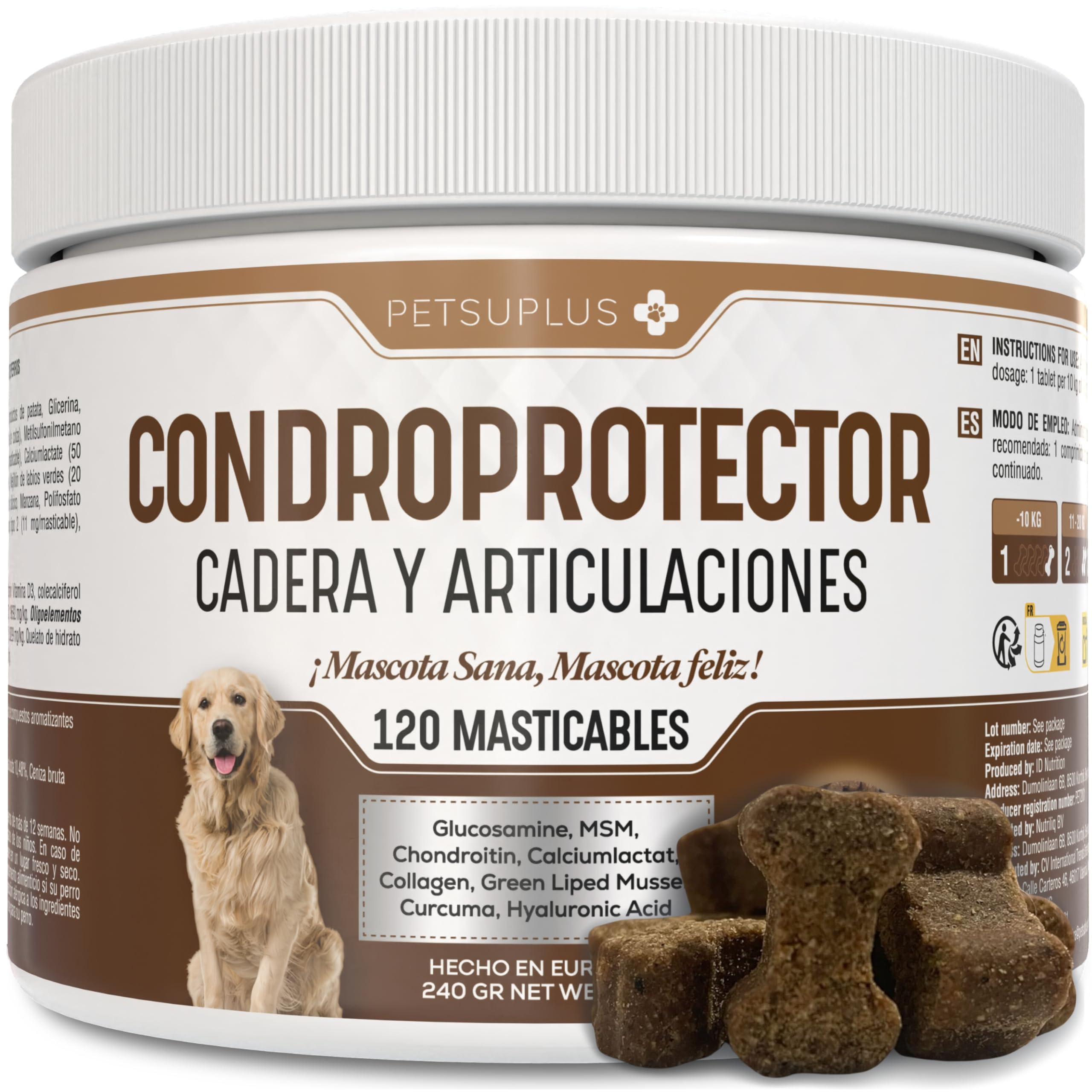 Condroprotector Perros - Glucosamina, MSM, Condroitina, Colageno, Acido Hialuronico - Fortalece los cartilagos y Protege Las articulaciones - Antiinflamatorios Naturales - 120 masticables