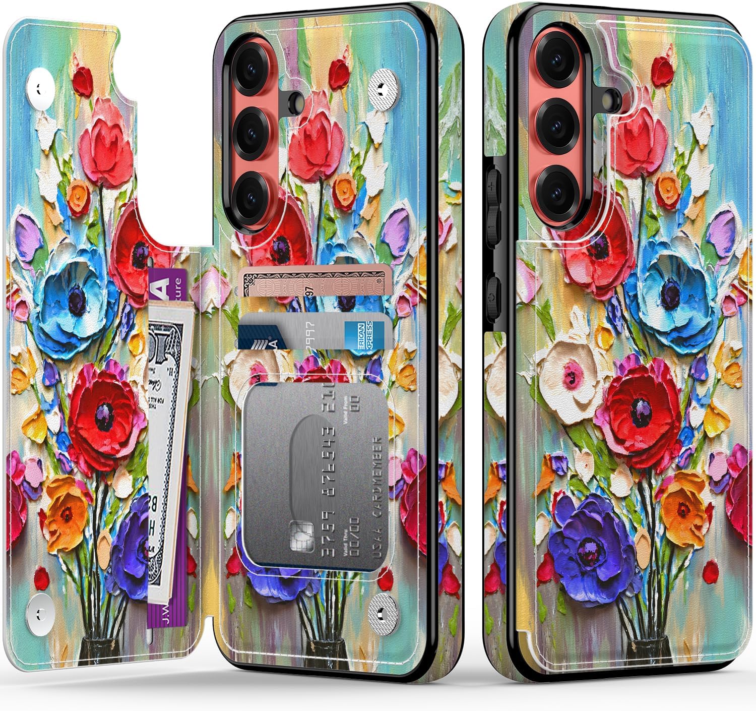 FUNMIKO for Samsung Galaxy S25 Wallet Case with Card Holder, RFID-Blocking, Military-Grade Protection & Floral Animal Design, Magnetic Closure with Leather Kickstand - Abstract Flowers