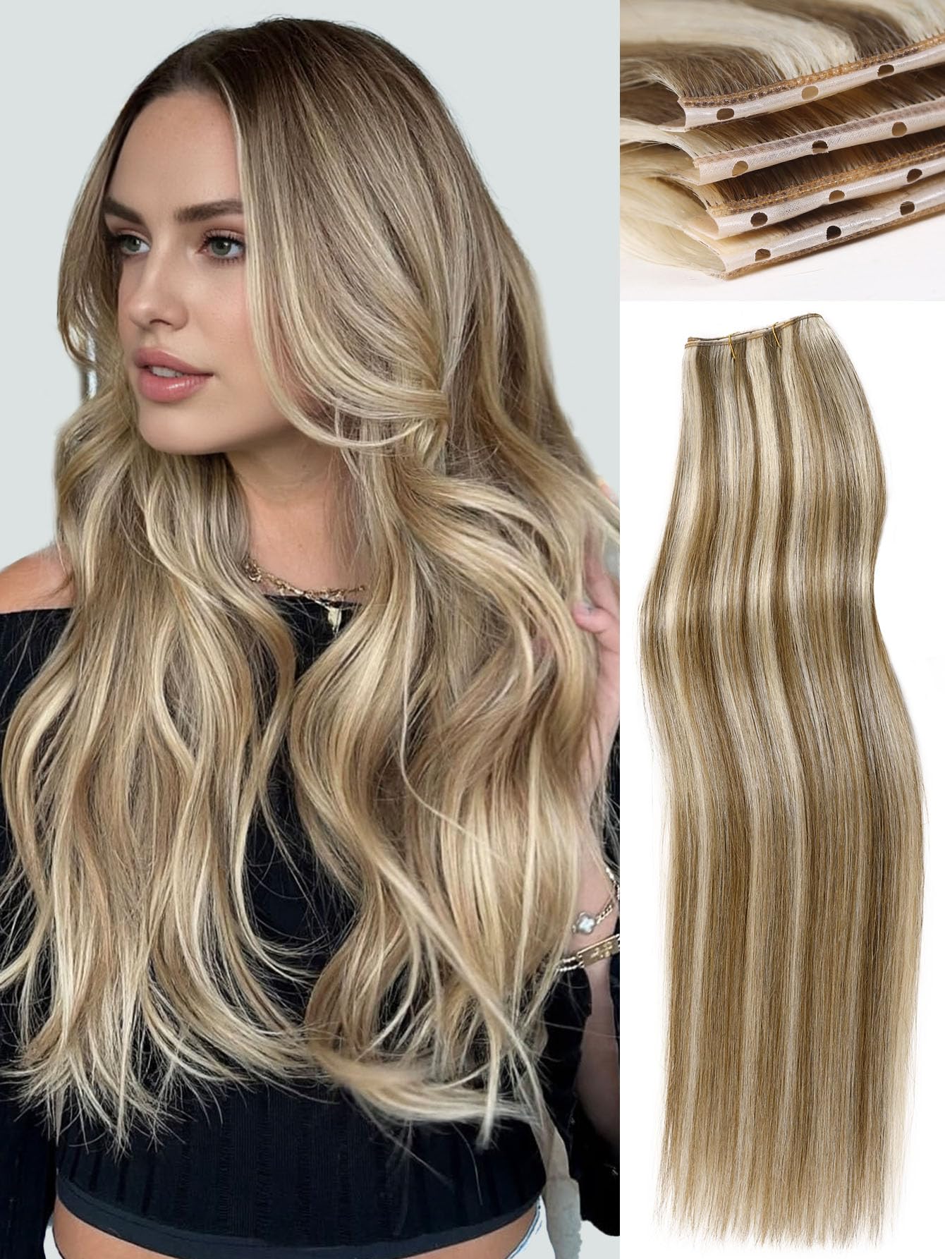 WIGNEE OVO Butterfly Dual-Sided Weft Hair Extensions Real Human Hair Blonde Ombre 18 Inch Seamless Invisible Glueless Salon Quality with Micro Beads Add Volume & Length (9A/60)