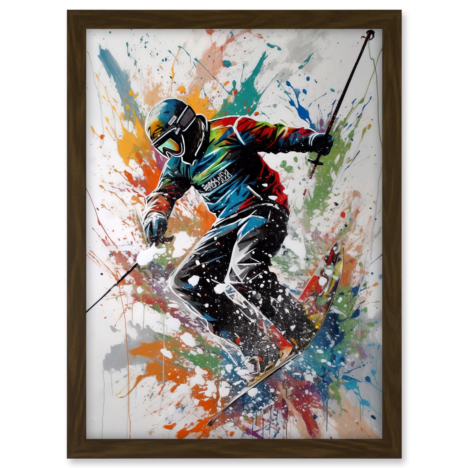 Artery8 Skier Skiing Multicoloured Paint Splat Action Shot Artwork Framed A3 Wall Art Print