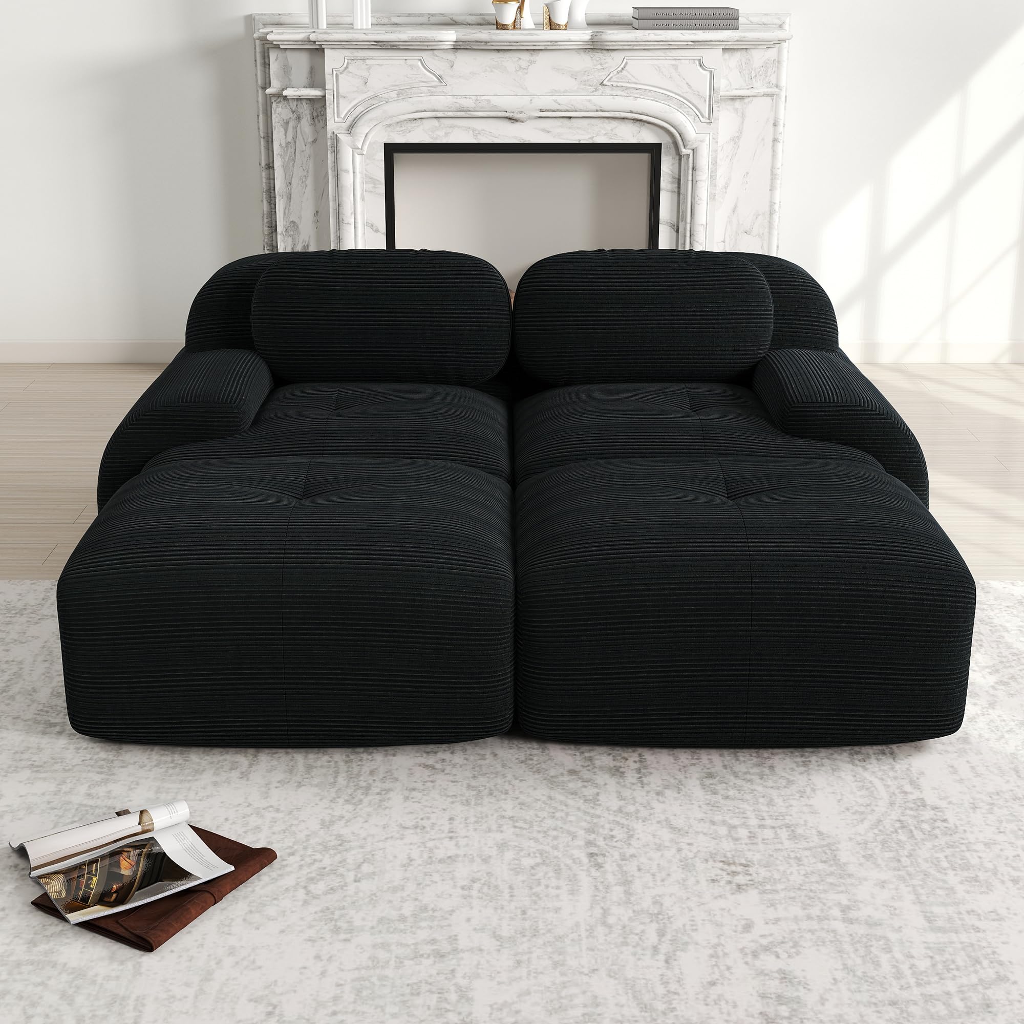 Canapé-lit Modulaire Désossé, Velours côtelé Canapé 2 Places et 2 Pouf, Configuration Libre, Loveseat Longue Canapé de Salon, sans Montage