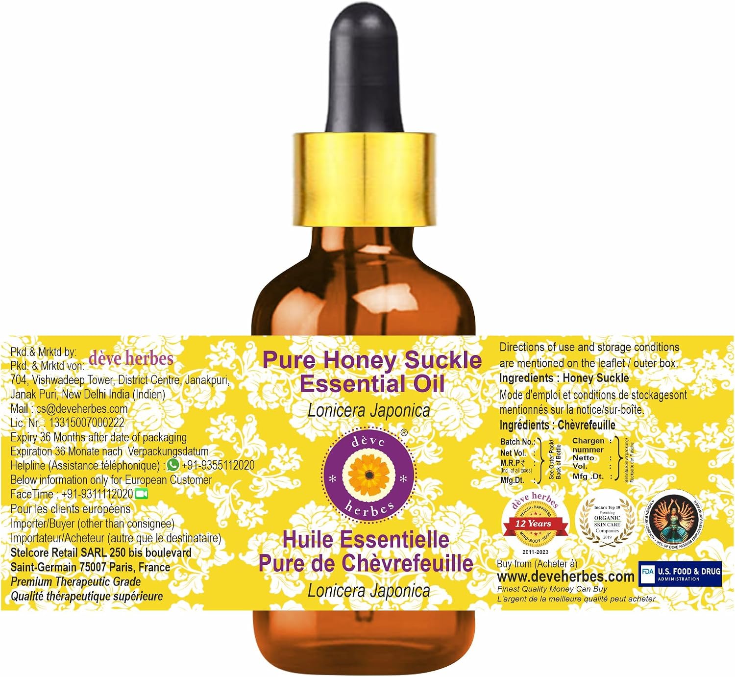 Deve Herbes Pure Honey Suckle Essential Oil (Lonicera Japonica) with Glass Dropper Steam Distilled 30ml(1oz)