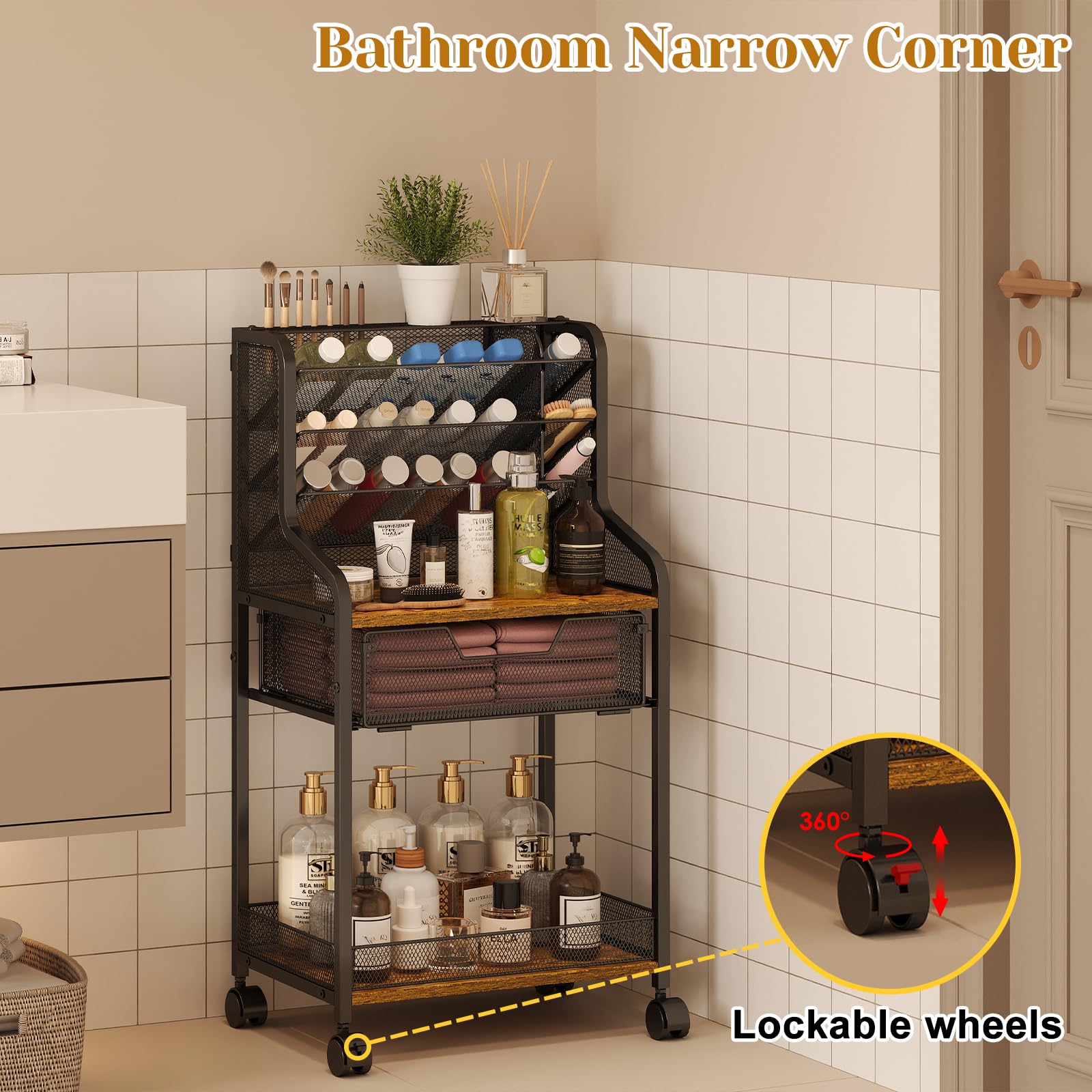 Jakyitvi 6-Tier Rolling Bathroom Storage Cart with Mesh Drawer, Metal Utility Cart with Lockable Wheels for Towels, Toiletries, and Cleaning Supplies, Organization Cart for Bathroom, Kitchen, Laundry