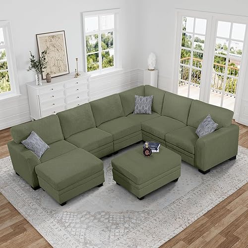 Miniatura 14 de Legend Vansen Sofá modular de gran tamaño, sofá en forma de U de 7 asientos con otomana, sofá de pana con asiento profundo, sofás seccionales