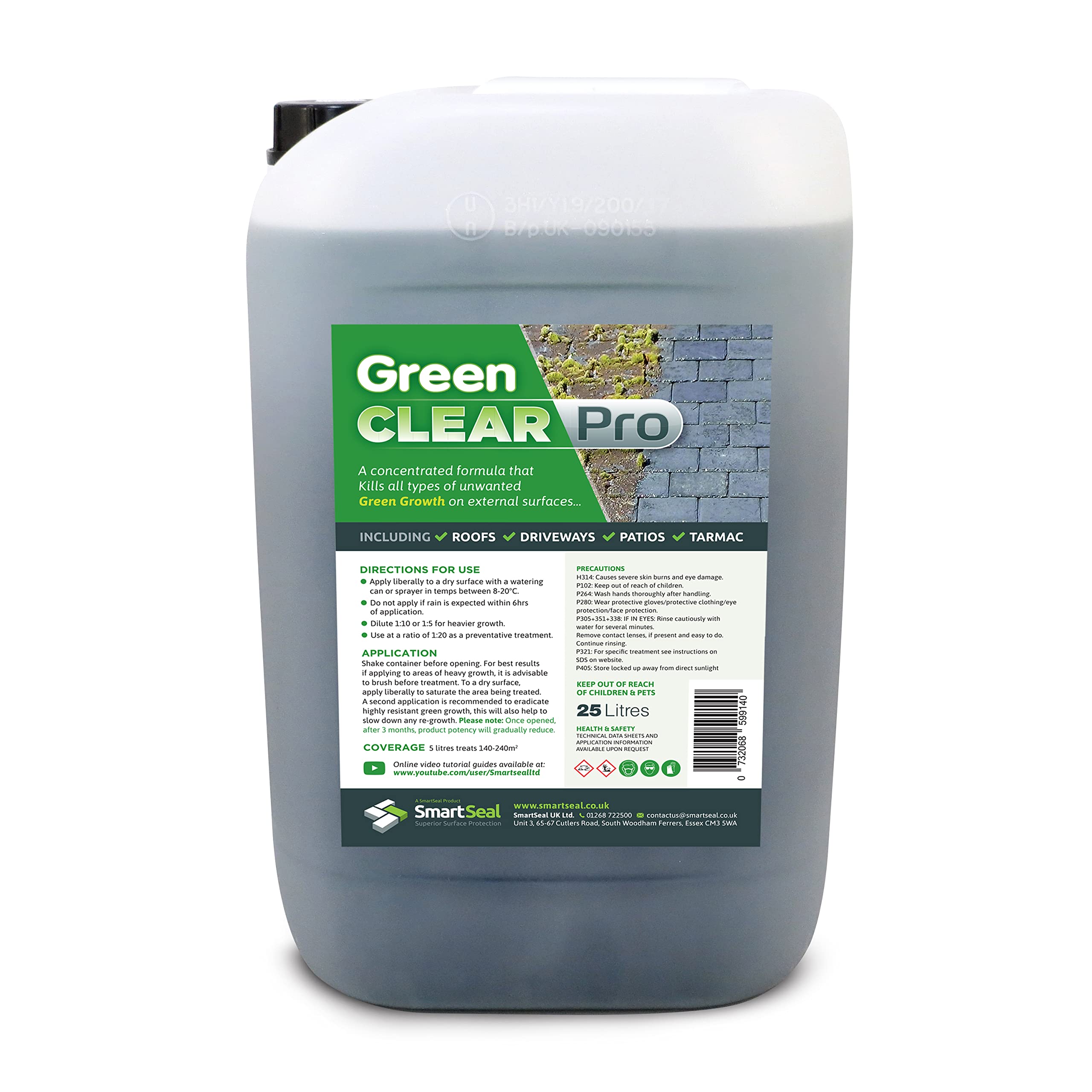 SmartSeal Green Clear Pro - 25 Litres - Biocide (Health & Safety Executive Approval Number 11004) Powerful Green Algae Remover - Best Lichen & Black Mould Remover - Perfect Roof & Driveway Cleaner