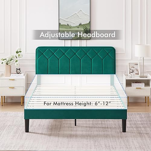 Miniatura 72 de VECELO Base de cama de tamaño matrimonial con plataforma tapizada de terciopelo de alta calidad con cabecera ajustable en altura / base de colchón,