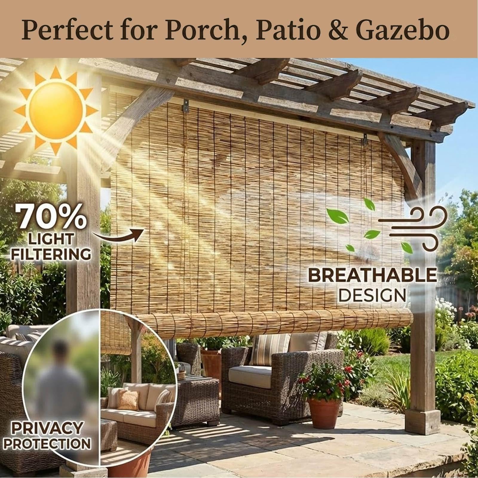 Store Bambou Extérieur pour Terrasse et Balcon, Store Enrouleur en Roseau Naturel, Brise Vue pour Pergola, Véranda et Jardin, Store Décoratif pour Fenêtres et Espaces Extérieurs(W150 x H260 cm)