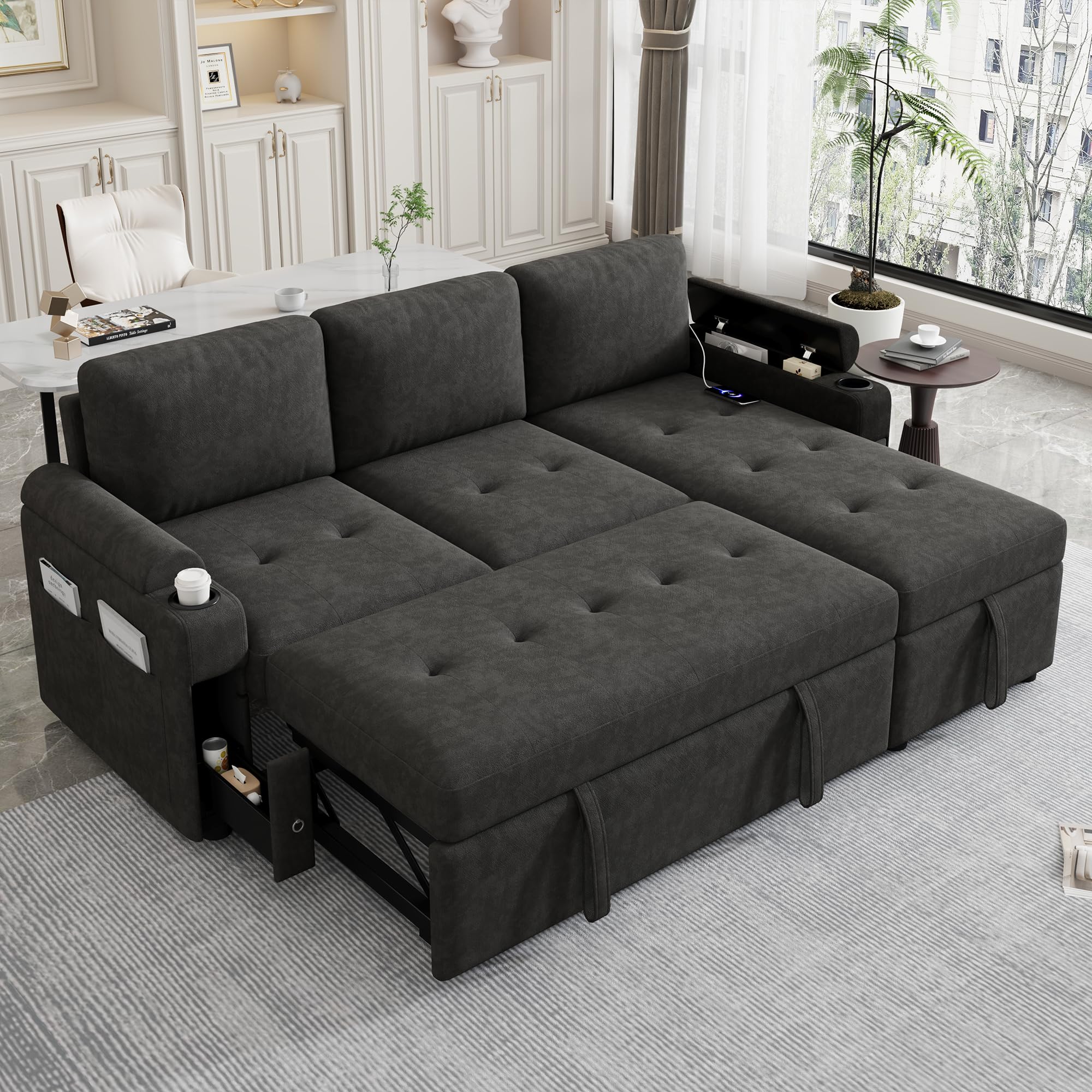 Ball & Cast 83.5" L-Shaped Convertible Sofa Bed,Chenille Fabric Sectional Couch with Reversible Storage Chaise Lounge and 2 Cup Holders and 2 USB