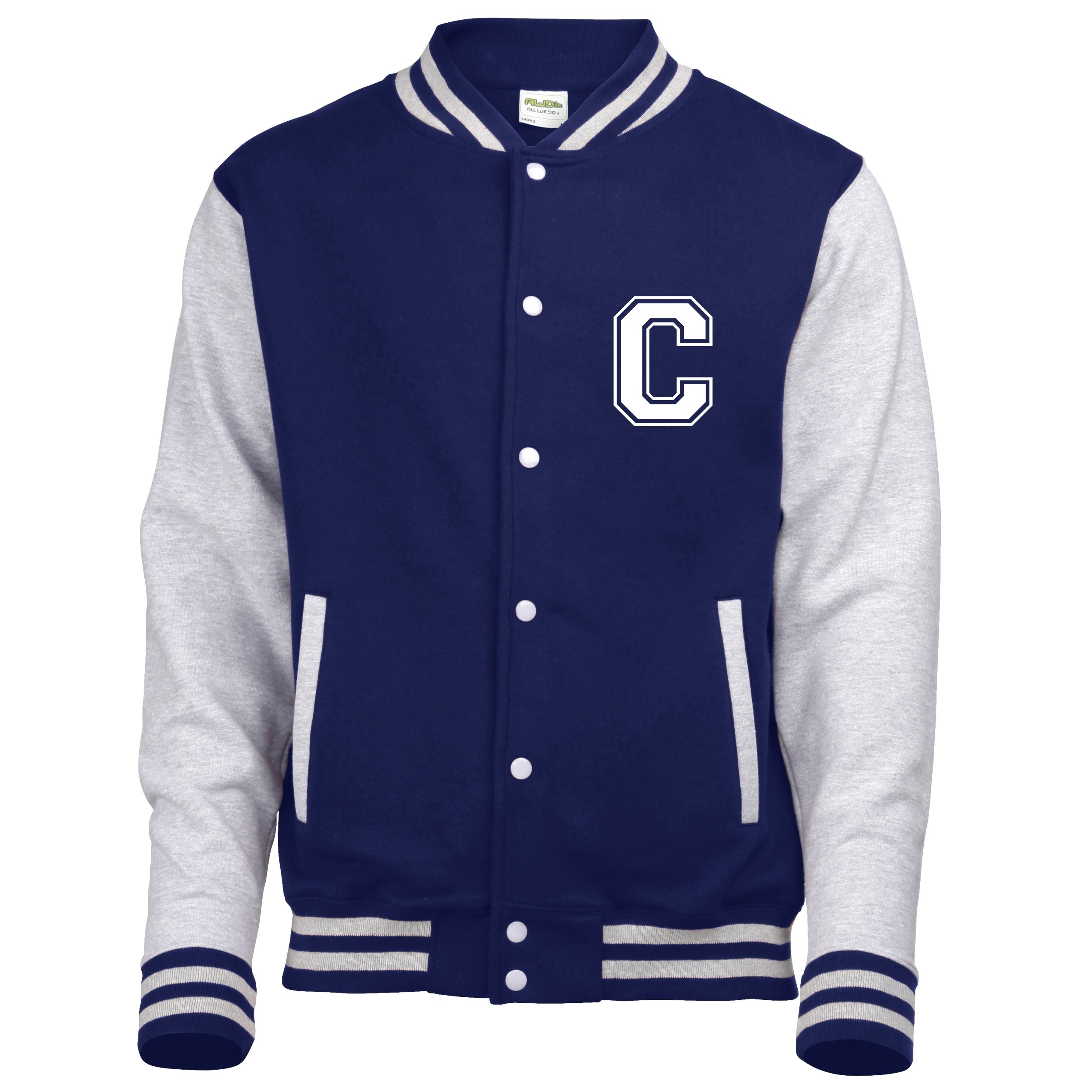 Edward Sinclair | MEDIUM | Named | NAVY & HEATHER GREY SLEEVES VARSITY JACKET with name and initial