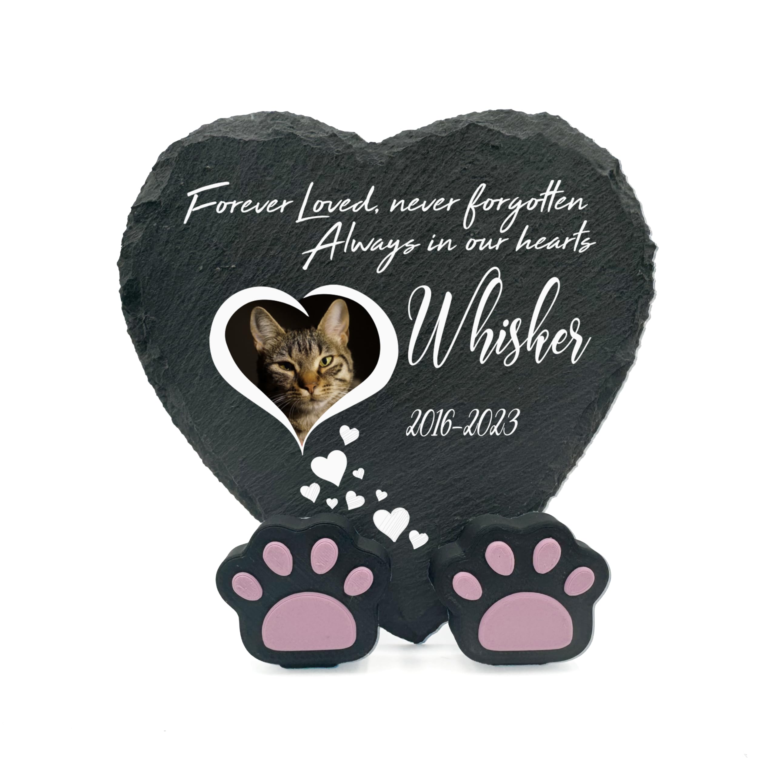 TULLUN Personalised Memorial Heart Shape 4" x 4" or 10 x 10 cm Plaque + Paw Stand For Pet Cat Dog Slate Stone Frame Grave Marker - Hearts&heart