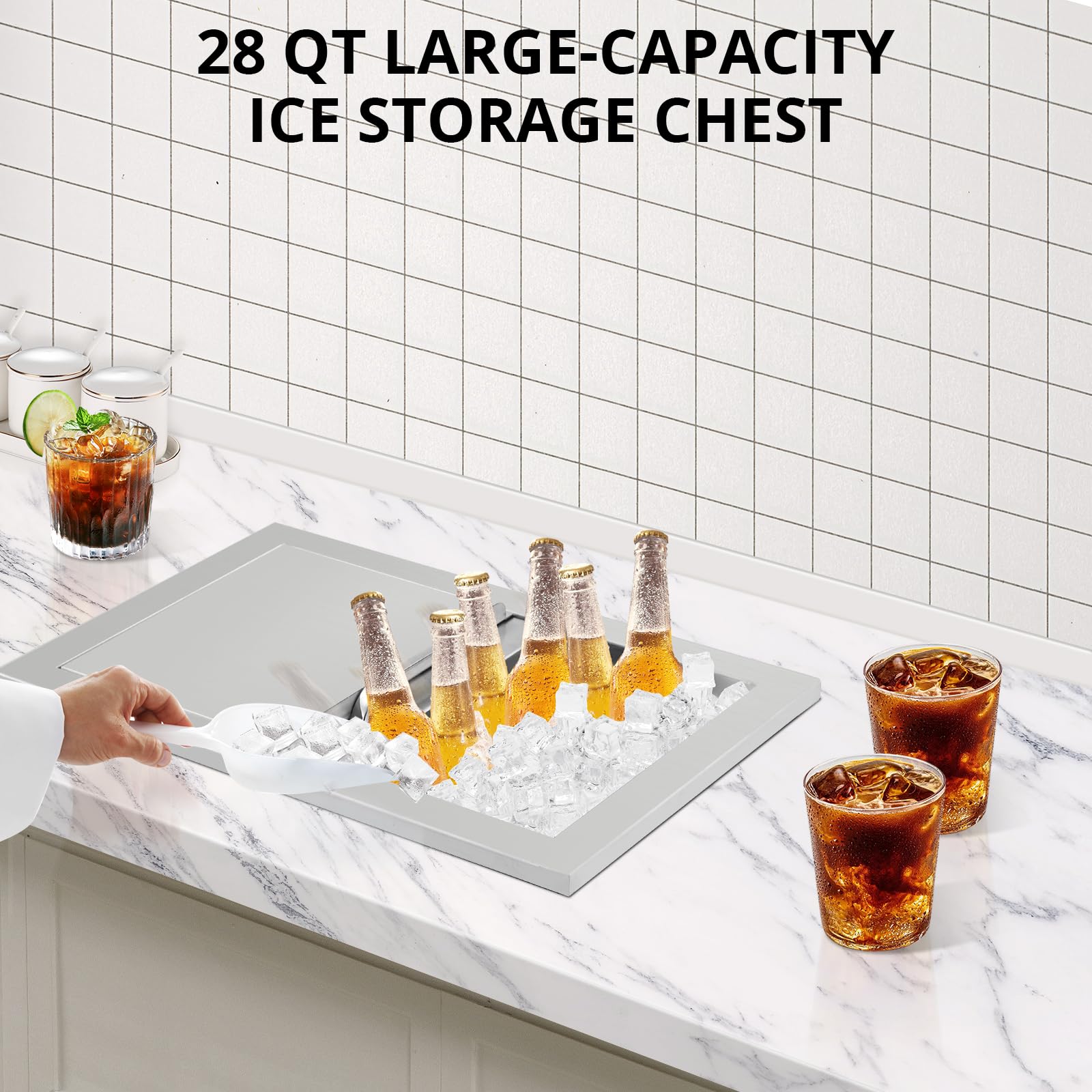 Garvee 26,5L Einbaubarer Getränkekühler Edelstahl– Drop-In Eisbox mit Schiebedeckel, Ablauf, 24h Isolierung für Outdoor-Küche, Bar & Party (18x12x14 Zoll, Schwarz/Silber)