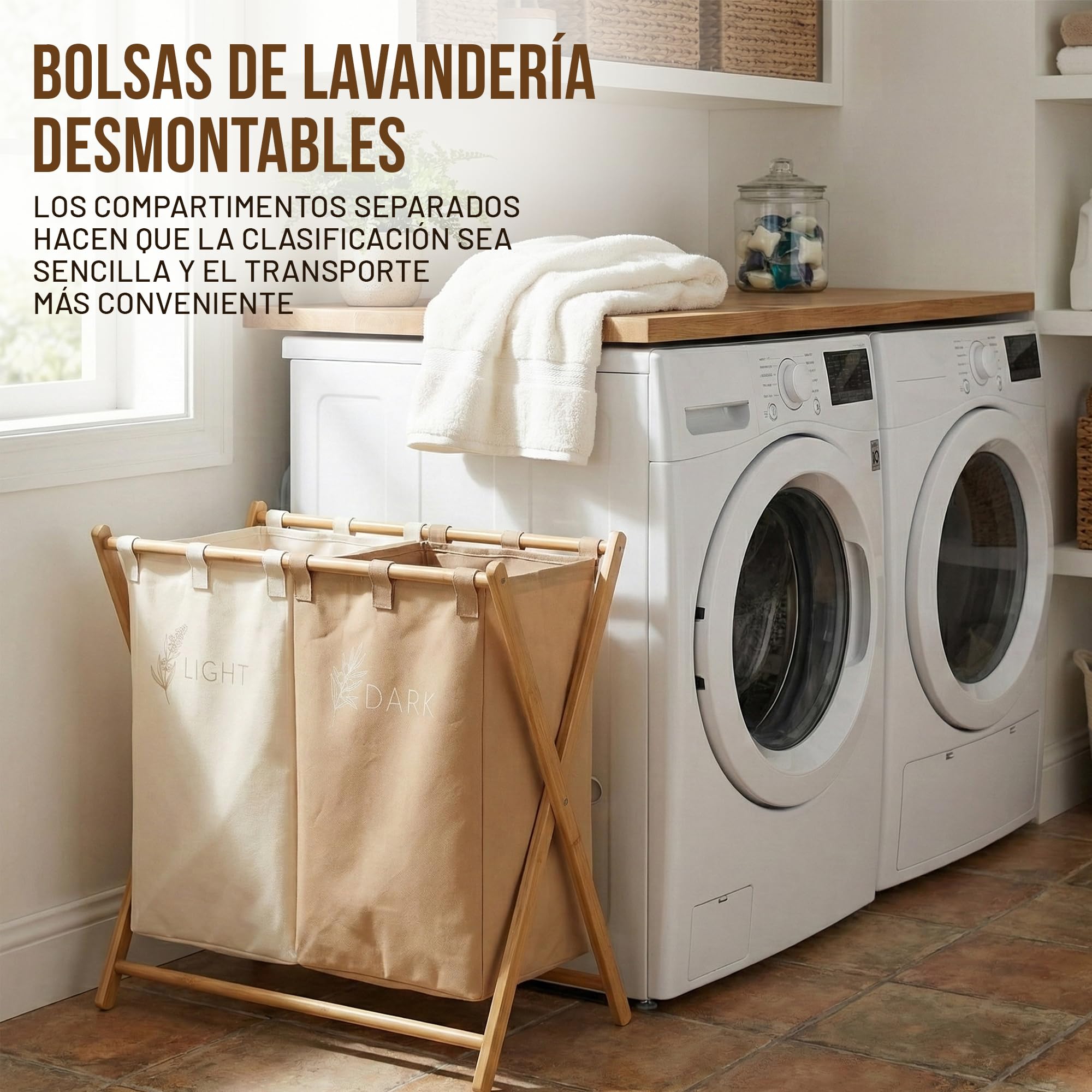 CUQUI Cesta Ropa Sucia Bambú, Cesta Ropa Sucia Dos Compartimentos XXL 155 Litros, Cesto Colada Doble Madera con Bolsas Extraíbles Lavables, Mueble Clasificador Familiar Grande para Baño