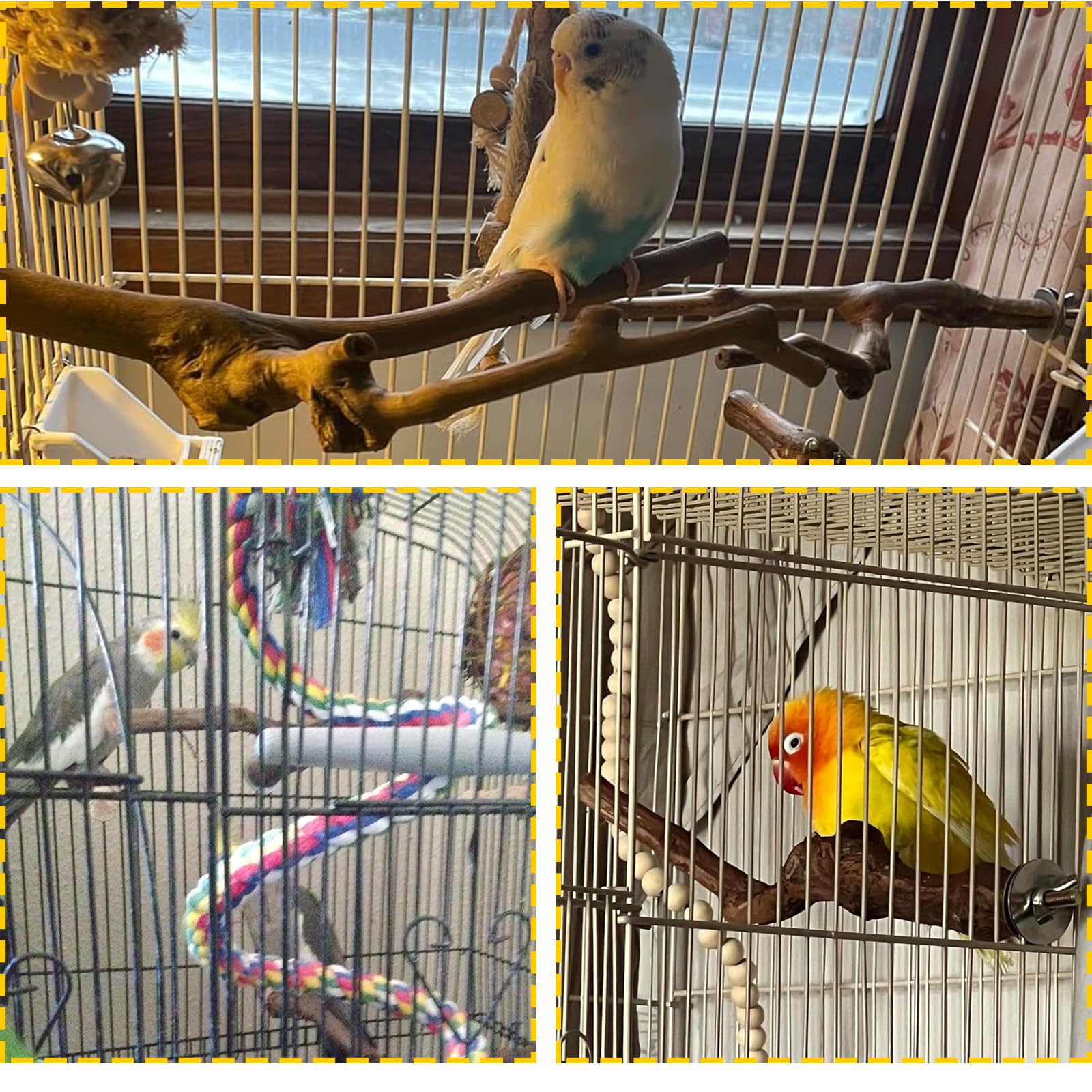 PINVNBY Percas para loros, soporte natural para pájaros, palo de uva salvaje, accesorios de jaula de madera y juguete para periquitos, tortolitos, periquitos, cacatúas y pinzones