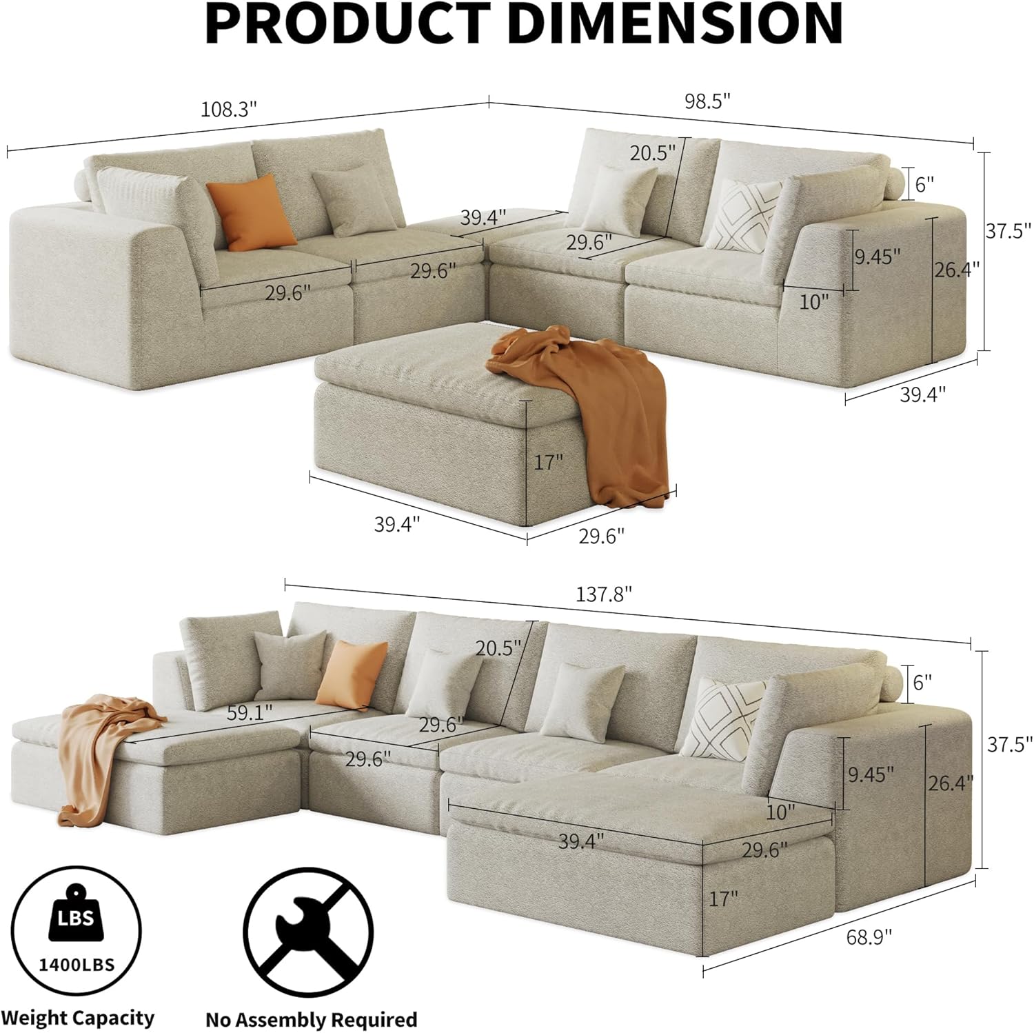 138" Modular Sectional Sofa with Deep Seat,Oversized U-Shaped Cloud Couch for Living Room 4-Seater with 2 Ottomans, Boneless Memory Foam Teddy Fleece Sofa,No Tools Assembly Required(Beige,2 Ottomans)