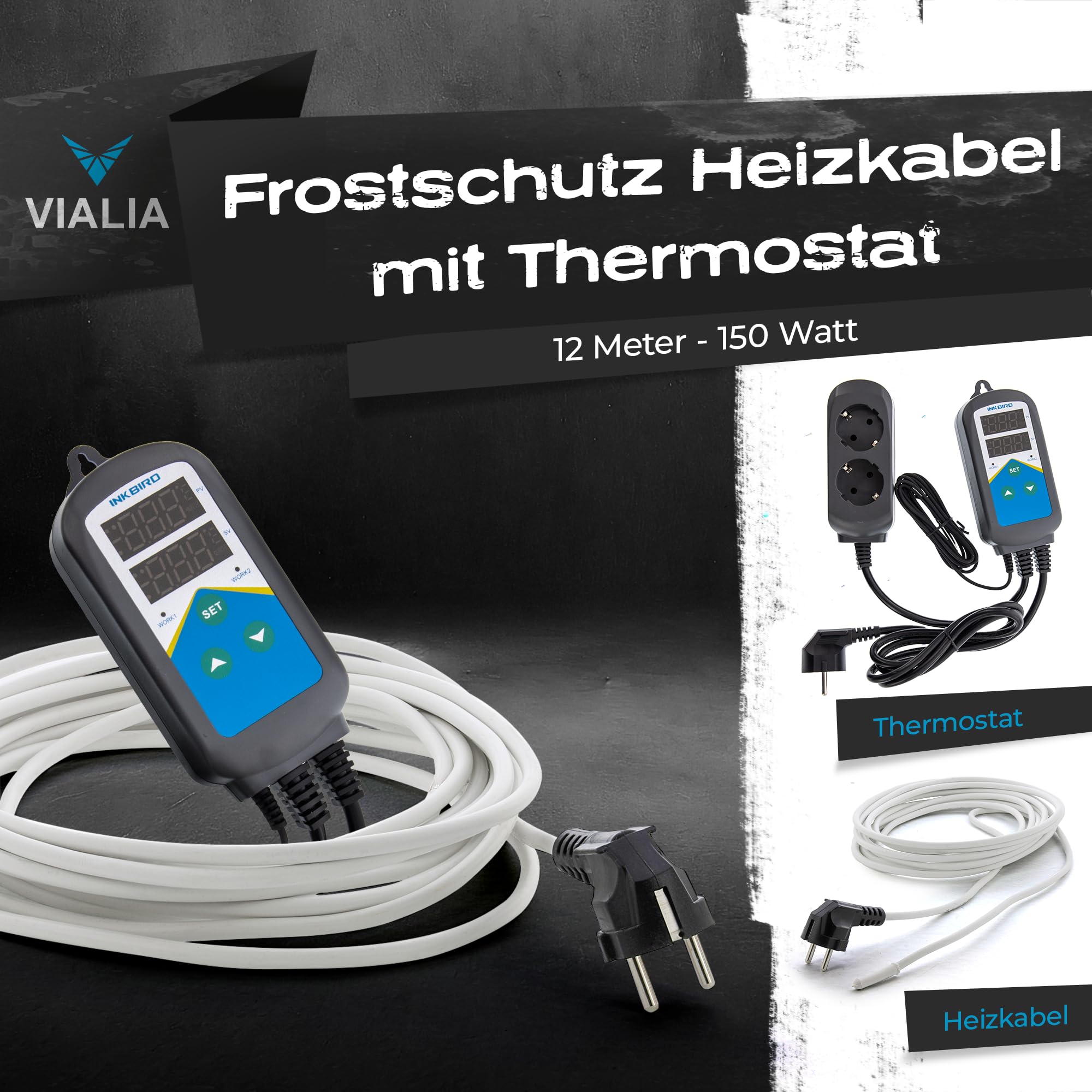 Frostschutz Heizkabel 24m 300W für 8-12 m³ Teiche | mit Thermostat & Digitalanzeige | IP68 wasserdicht | Teichheizung gegen Frost | Eisfreihalter schützt Fische & Pflanzen im Winter