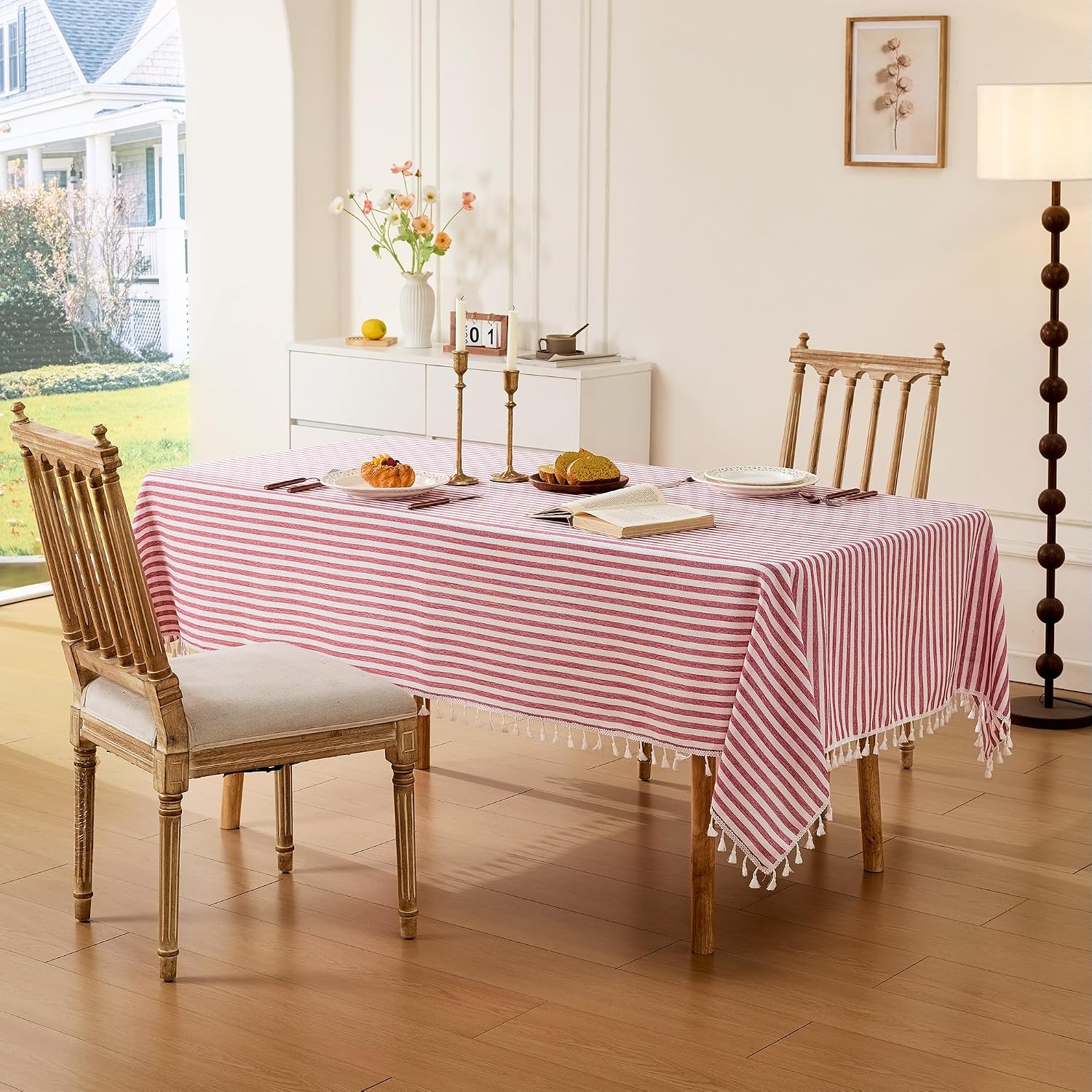 Striped Tablecloth Rectangular Cotton Linen Style Picnic Table Cloths Rectangle with Tassels Washable Table Cover Wrinkle Free for Summer Party Outdoor Dining Room,Red and White,55x75