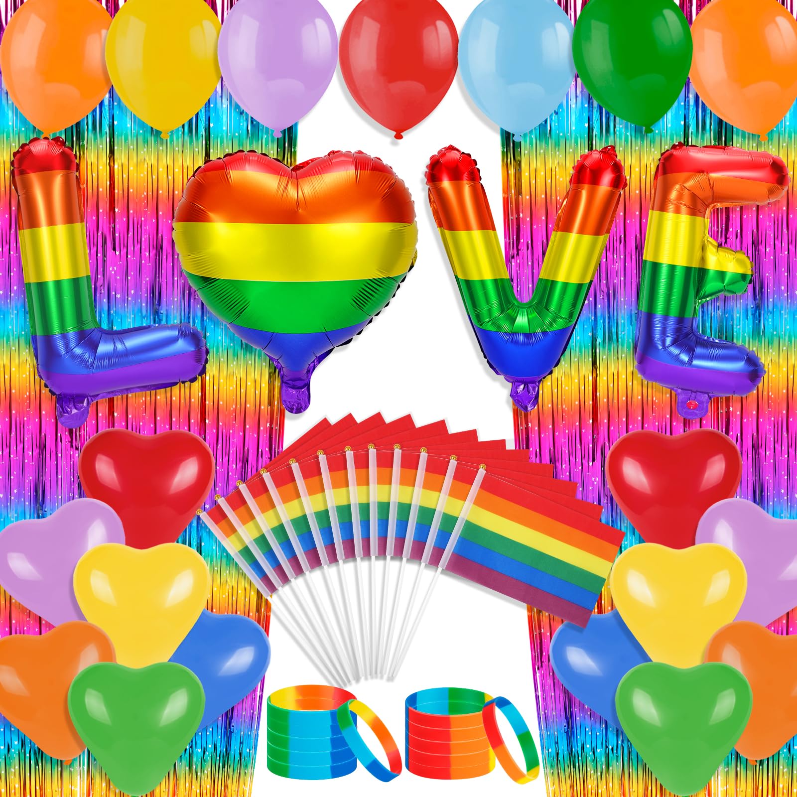 HOWAF Gay Pride Accessories, Pride Decorations Pride Flags on Sticks Rainbow Balloons Rainbow Bracelet Silicone Wristbands LGBT+rainbow Tinsel Curtains Foil Curtain Backdrop for LGBTQ Accessories