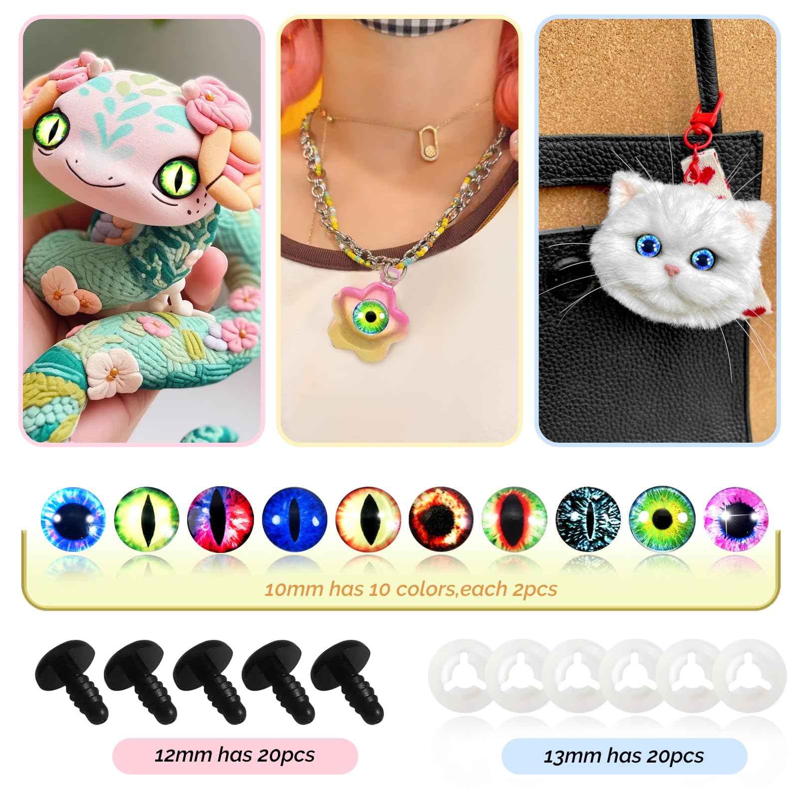 TOAOB 20pcs 12mm Safety Eyes Glow in the Dark Dragon Eyes Doll Eyes Evil Eyes with Washers for Crafting Crochet Plush Stuffed Animals Craft Eyes - Image 3
