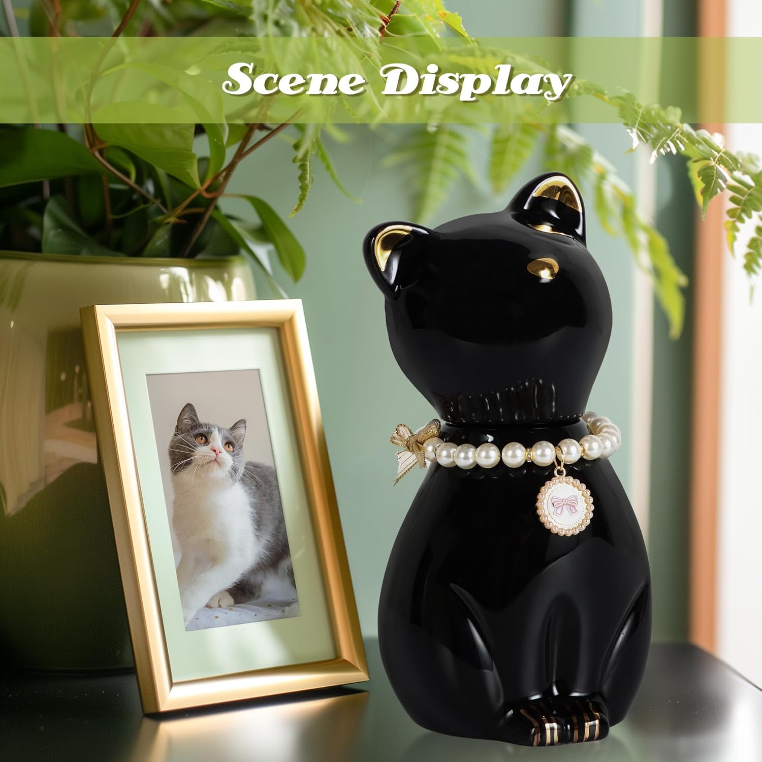 Cat Urns for Ashes, Elegant Ceramics Pets Cremation Keepsake, Funerary Urns Black Pet Urn for Cats Memorial Box with Personalized Necklace (20lbs)