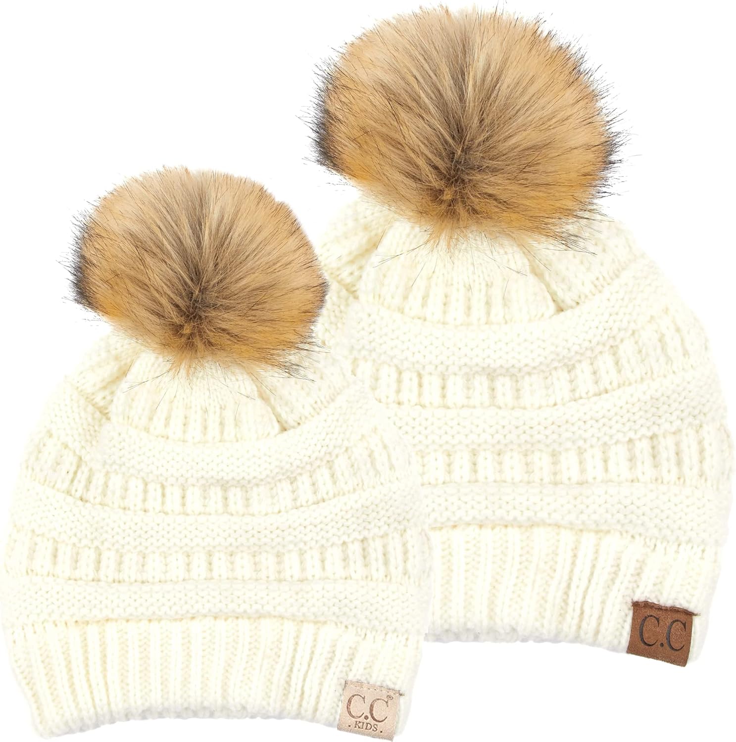 Funky Junque Mommy & Me Pom Beanies – Cozy Knit Women’s Beanie & Toddler Girl Winter Hat Set Ages 1–4, Great Set