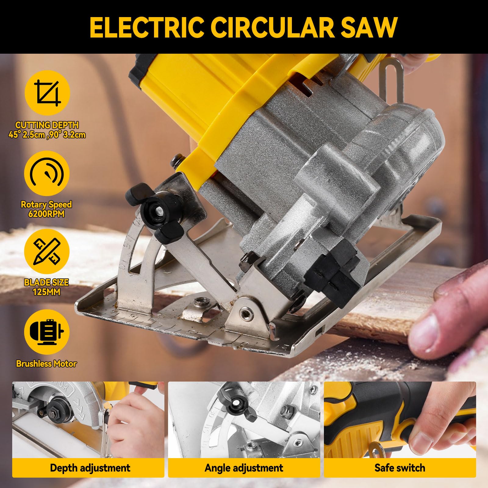 Sierra circular inalámbrica para sierras circulares eléctricas sin escobillas Dewalt de 18 V 20 V, 1000 W y 6200 RPM con 3 hojas de sierra de 125 mm, bisel de 0 a 45°, profundidad de 32 mm para madera