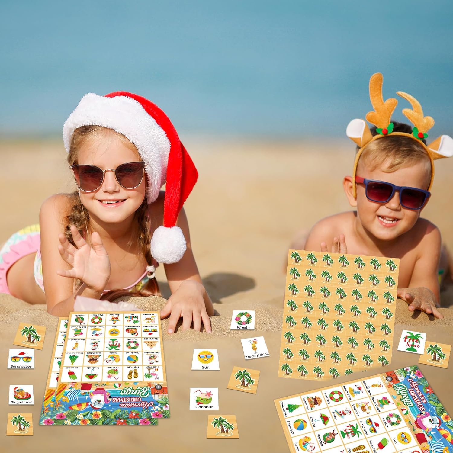 Liliful 35 Pcs Hawaiian Christmas Bingo 24 Players Summer Christmas Party Games Tropical Hawaii Bingo Cards for Kids Adults Family Classroom Activities Beach Pool July Holiday Party Favors Supplies
