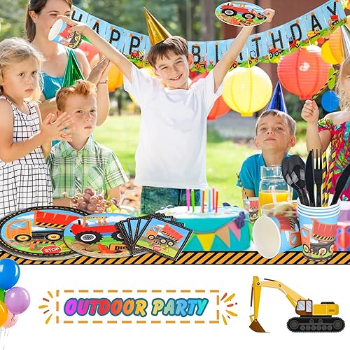 Miniatura 7 de Juego de suministros para fiesta de cumpleaños de construcción, 170 piezas de decoraciones de cumpleaños de construcción para niños, incluye platos,