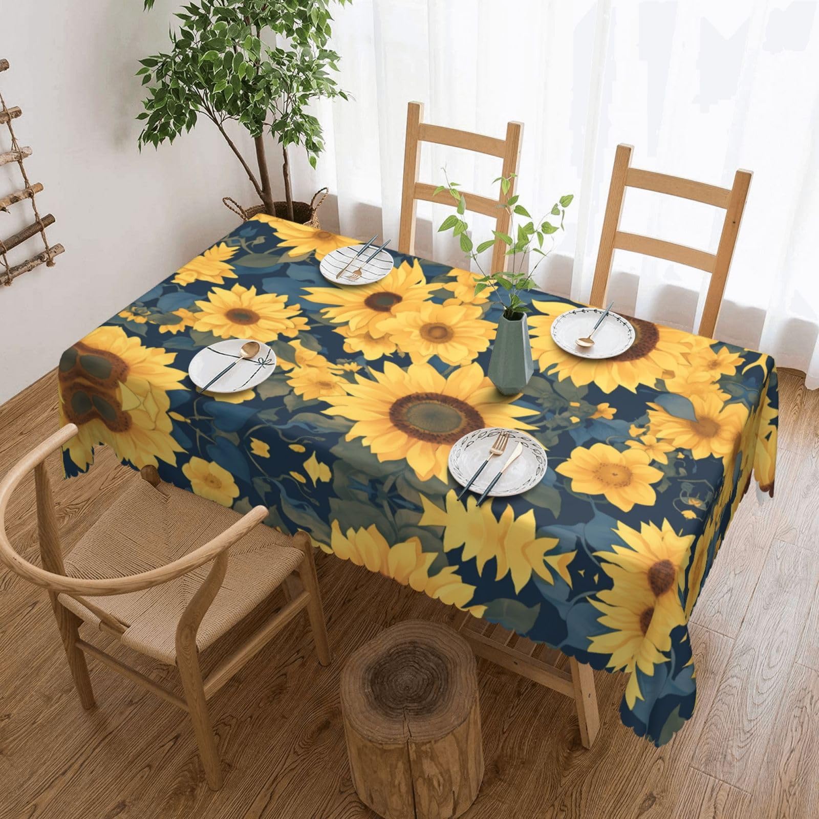 QAZWZML Sunflowers at night Printed tablecloth, made of thick polyester with lace trim, suitable for dining rooms, picnics, and weddings